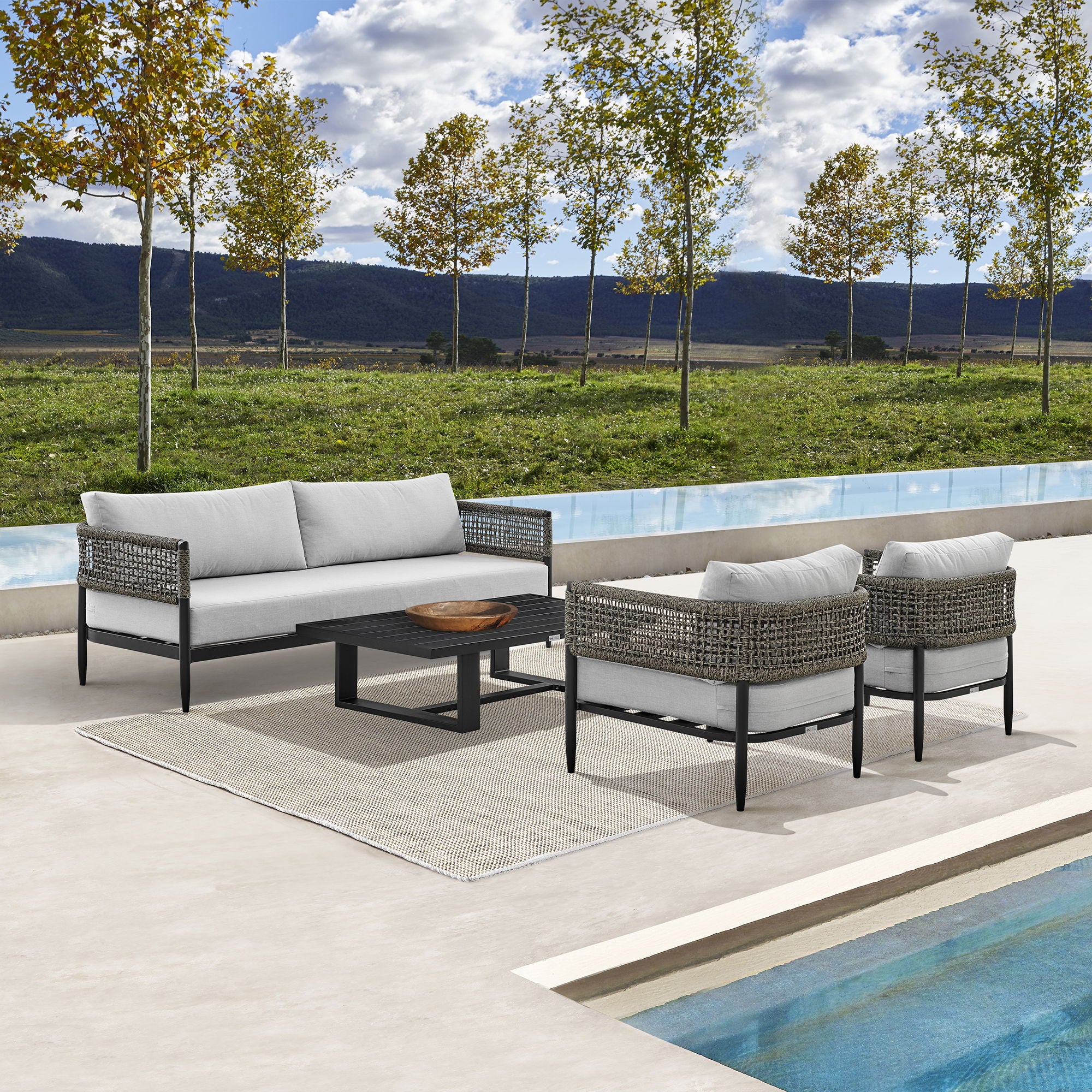 Felicia - 4 Piece Outdoor Aluminum & Rope Conversation Set With Fabric Cushions - Light Gray / Black