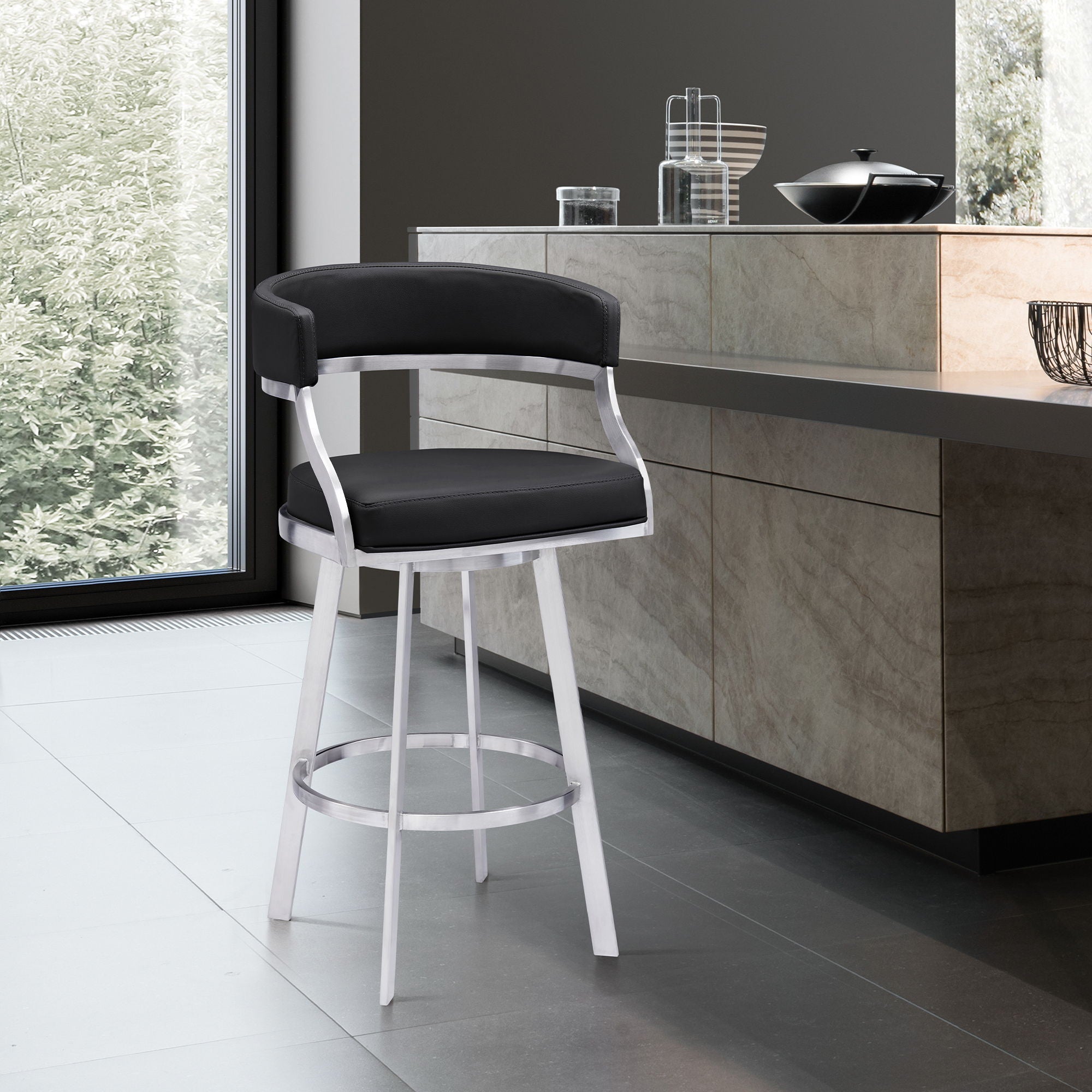 Dione - Swivel Faux Leather And Brushed Stainless Steel Bar Stool