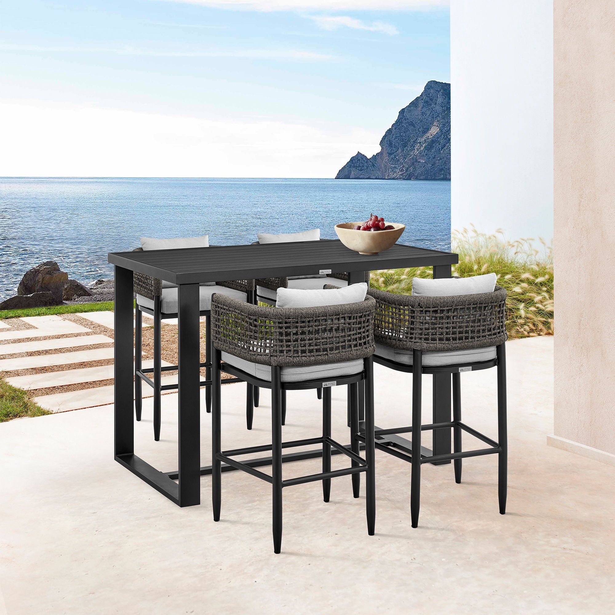 Alegria - Outdoor Patio 5 Piece Bar Table Set With Cushions - Gray
