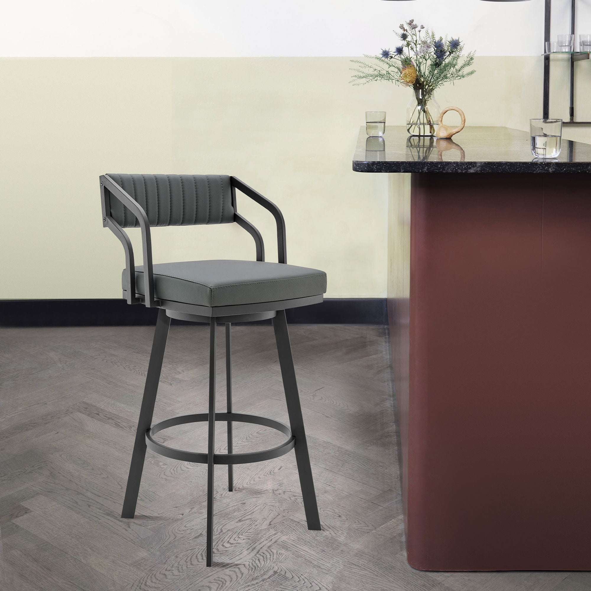 Scranton - 26" Swivel Modern Metal And Faux Leather Barstool - Slate Gray / Black