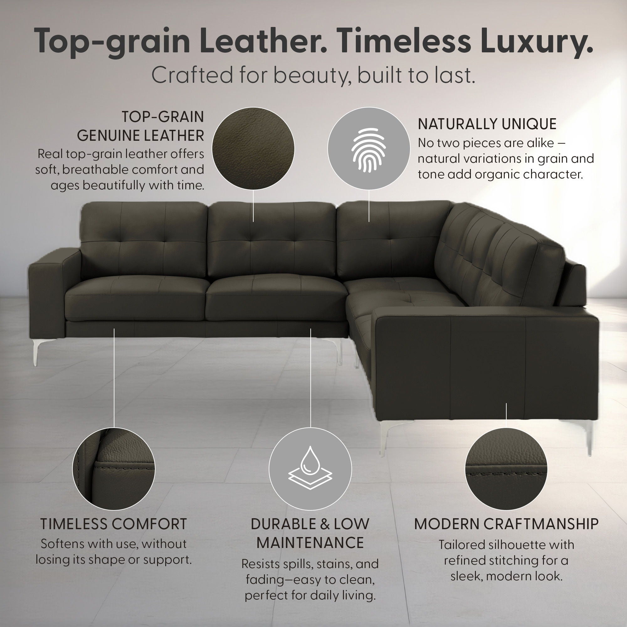 Pimentel - Leather Sectional Sofa With Tufted Back And Track Arms