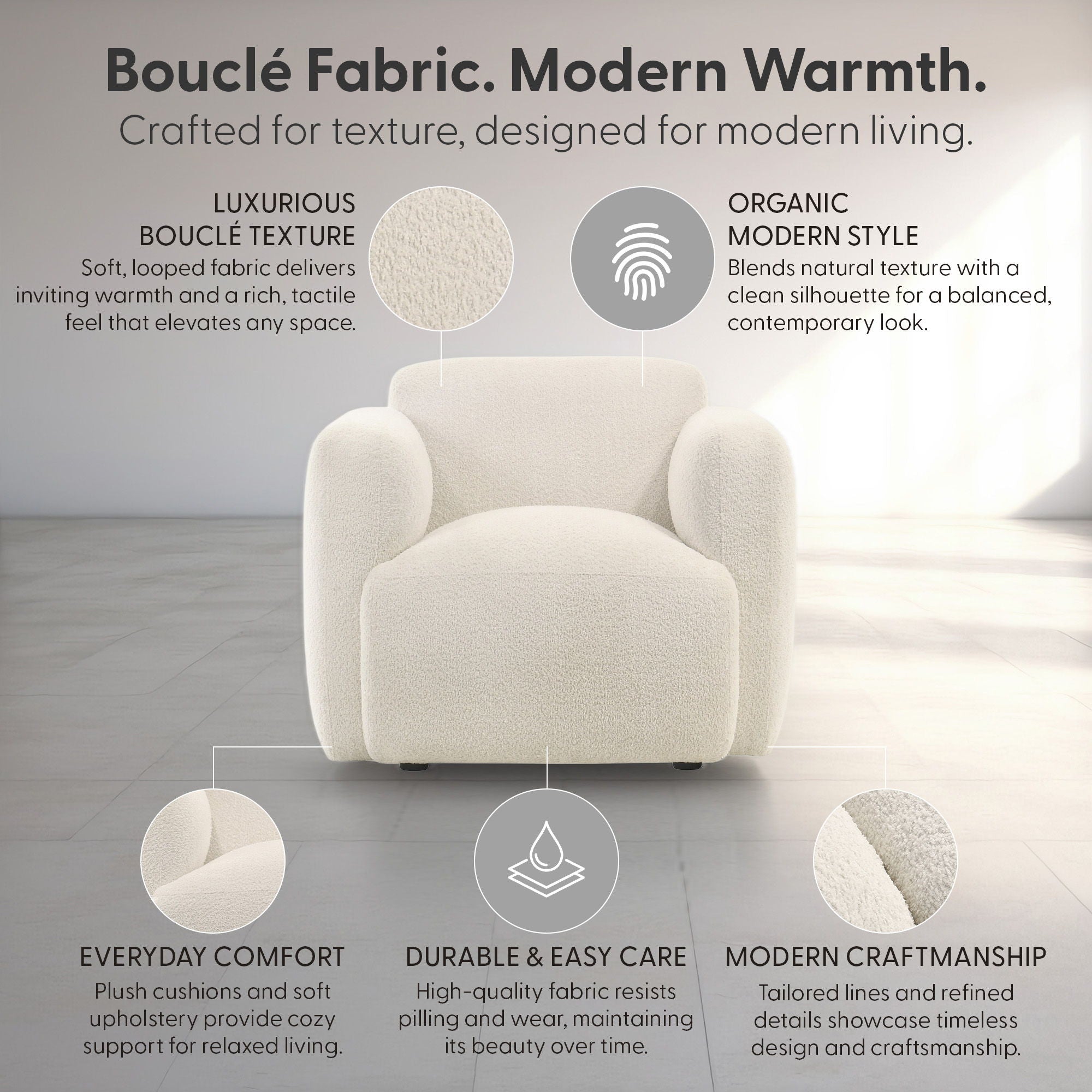 Sierra - Boucle Fabric Accent Chair With Rounded Arms - Ivory
