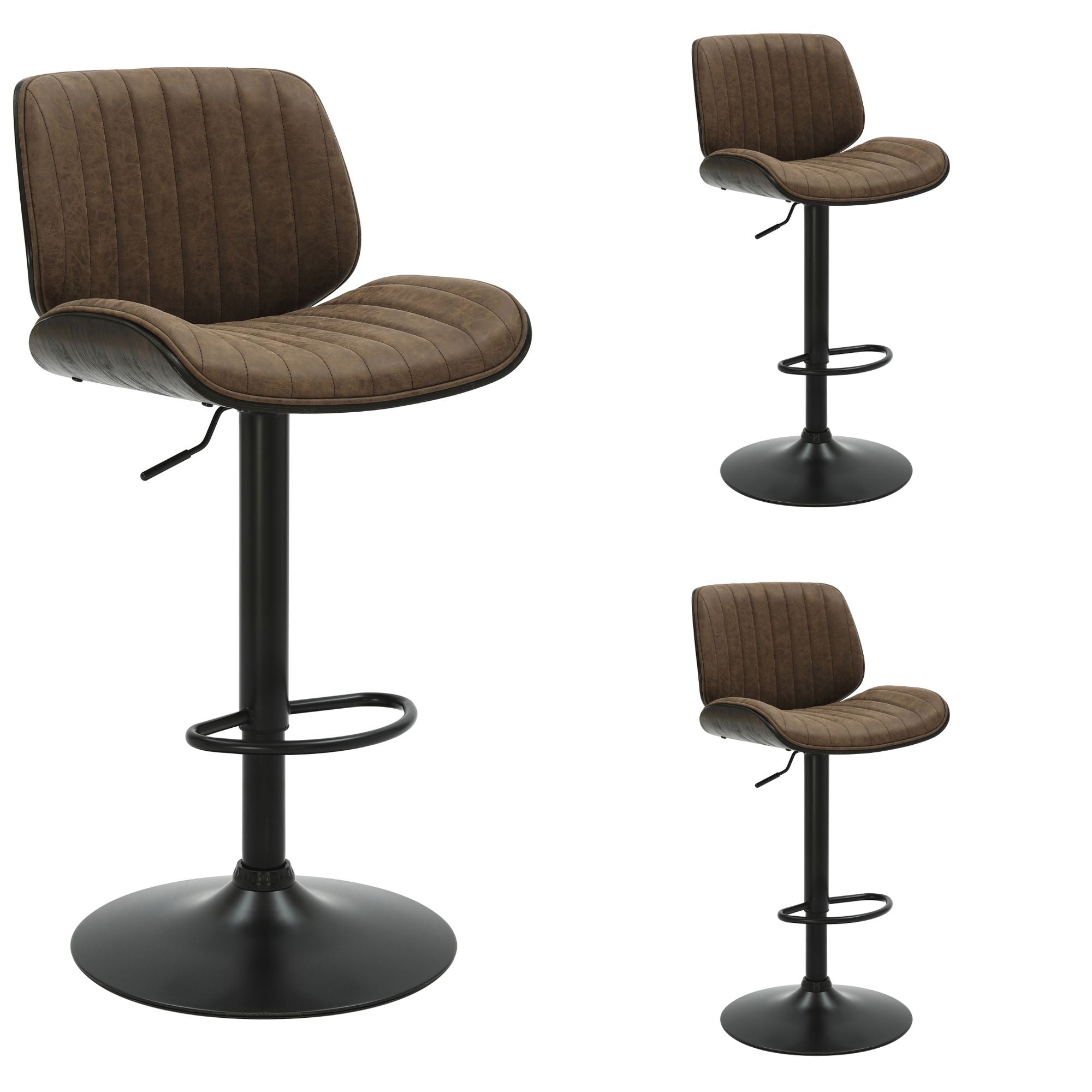 Brock - Adjustable Swivel Curved Back Wood Bar Stool With Faux Leather Seat