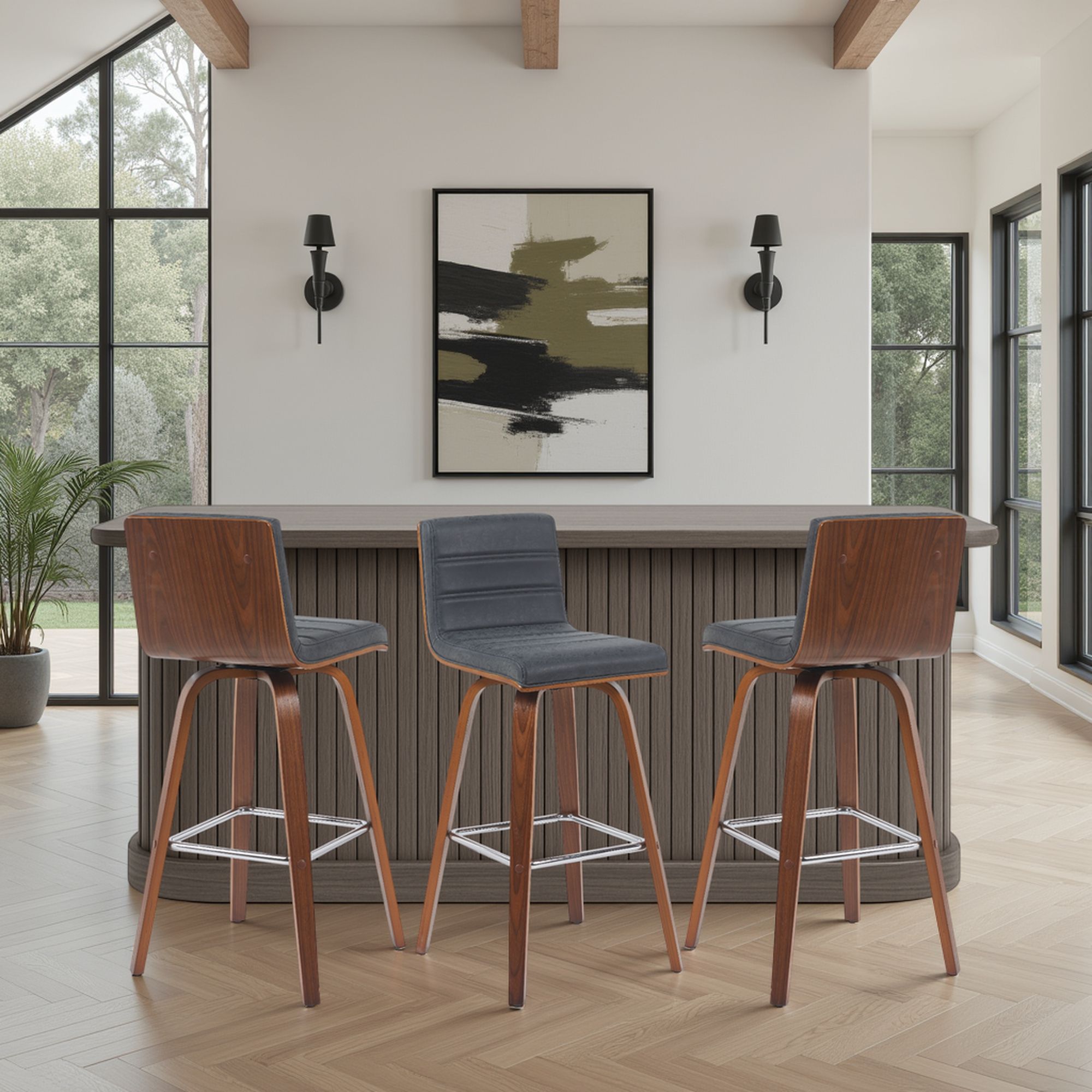 Vienna - Modern Swivel Bar Height Stool - Walnut Finished Wood Frame