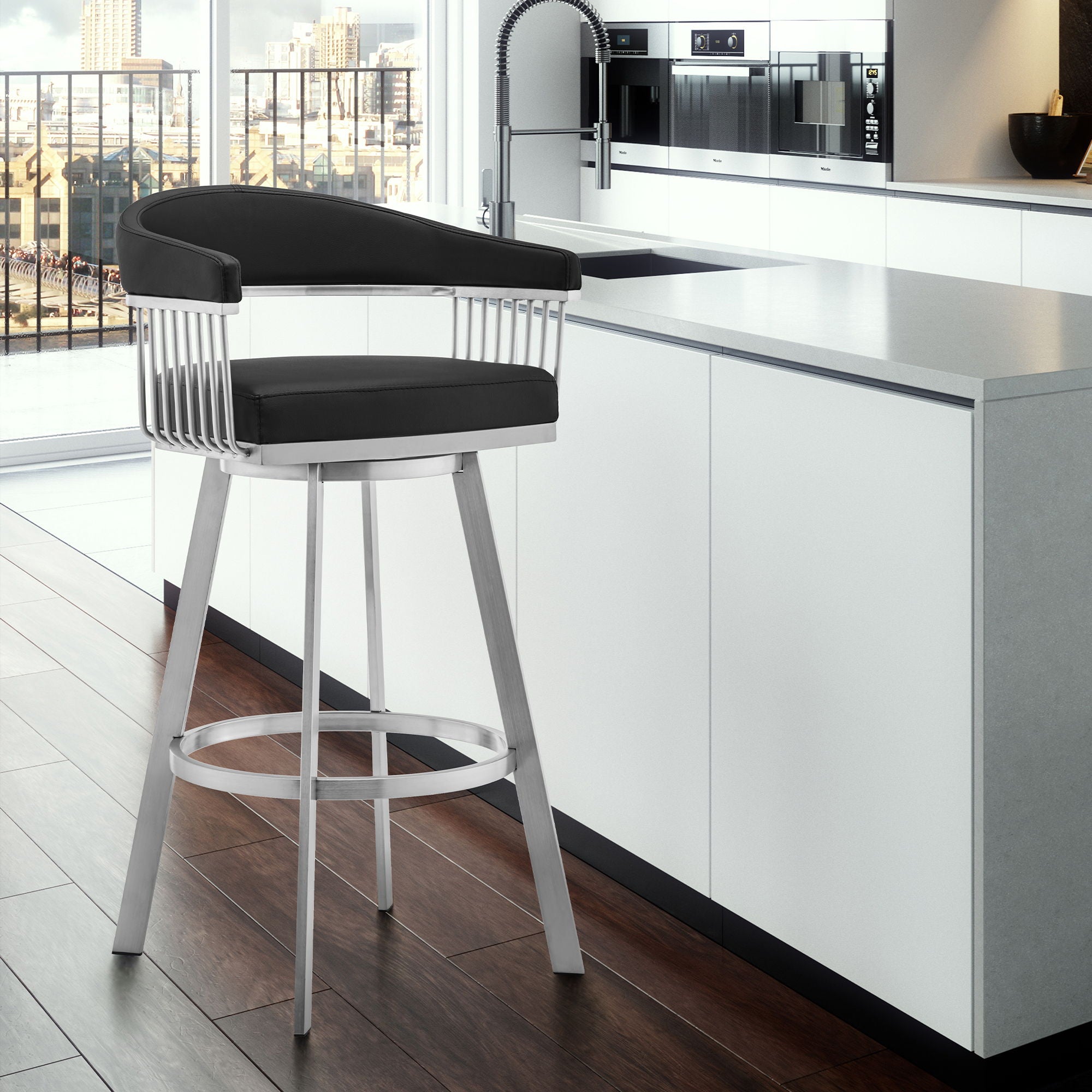 Bronson - Faux Leather And Brushed Stainless Steel Swivel Bar Stool