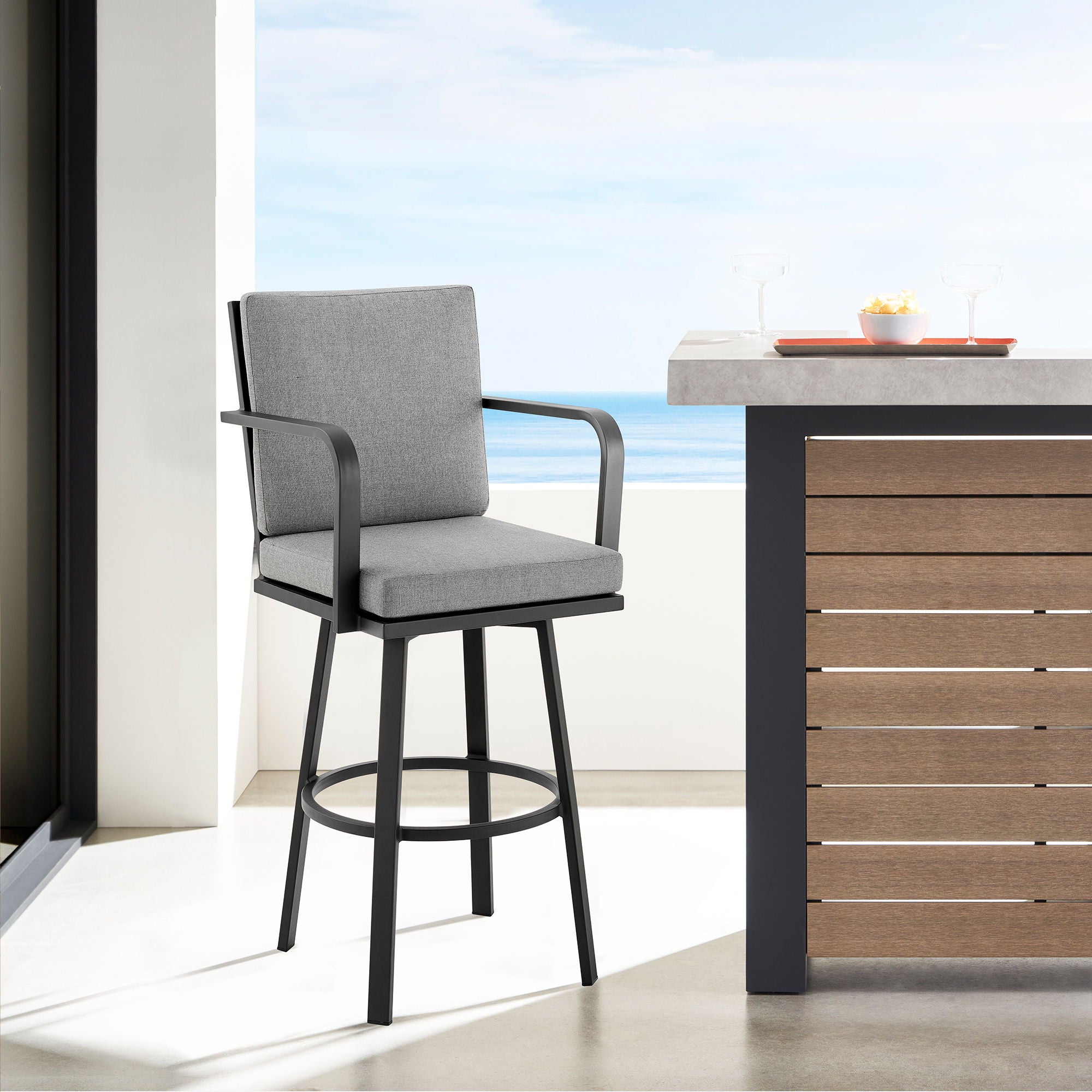 Arnauld - 30" Outdoor Patio Bar Stool With Cushions - Black / Gray