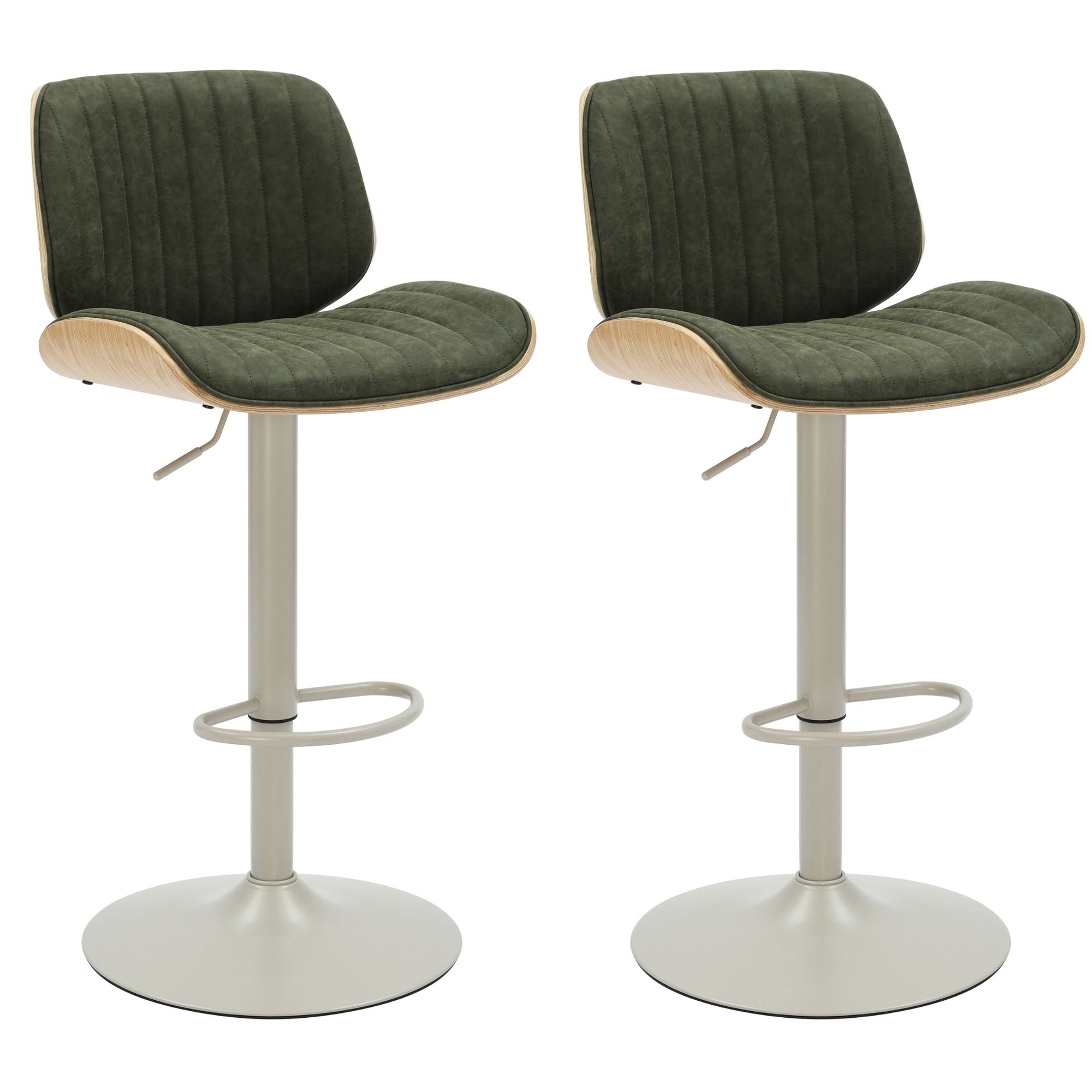 Brock - Adjustable Swivel Curved Back Wood Bar Stool With Faux Leather Seat