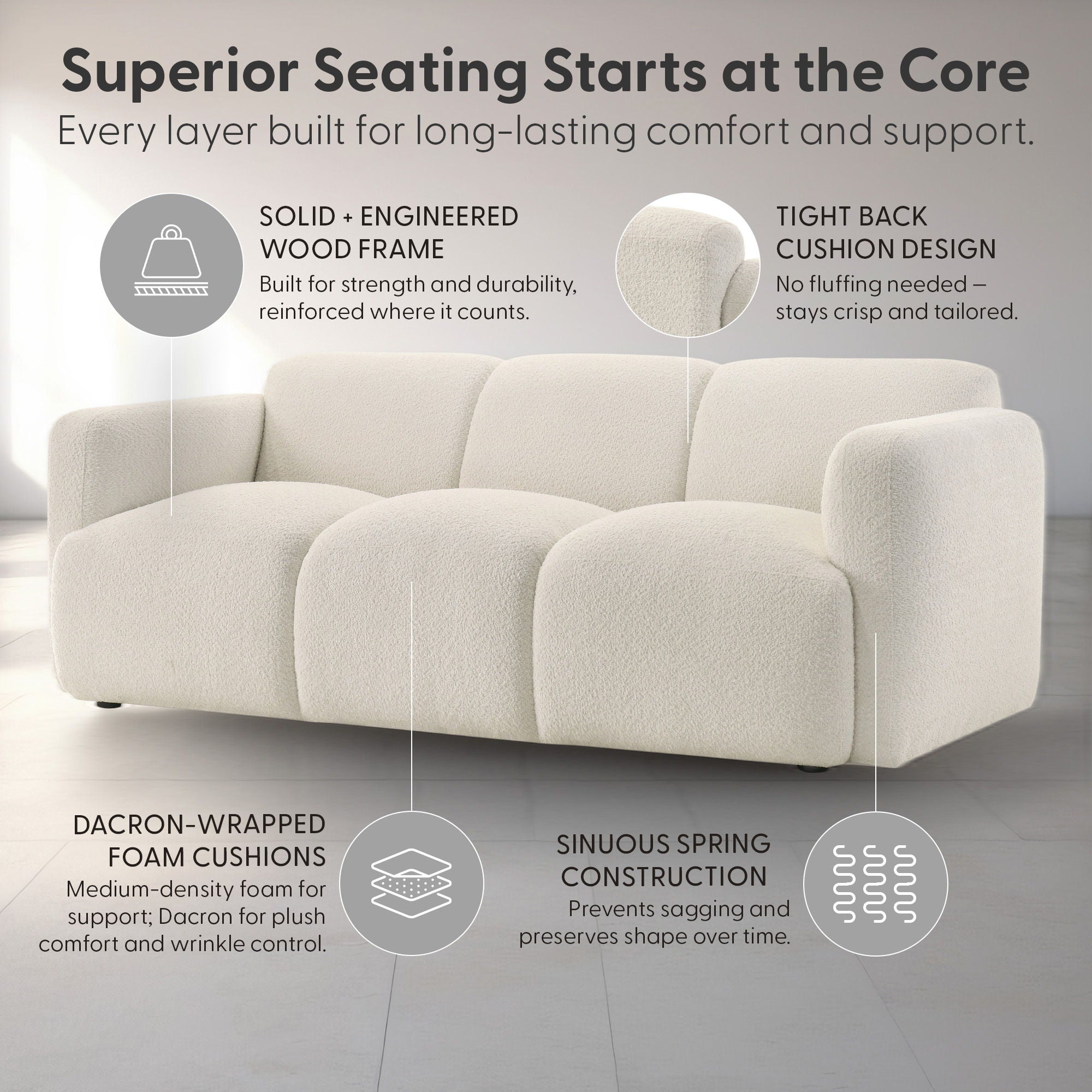 Sierra - Boucle Fabric Sofa With Rounded Arms - Ivory