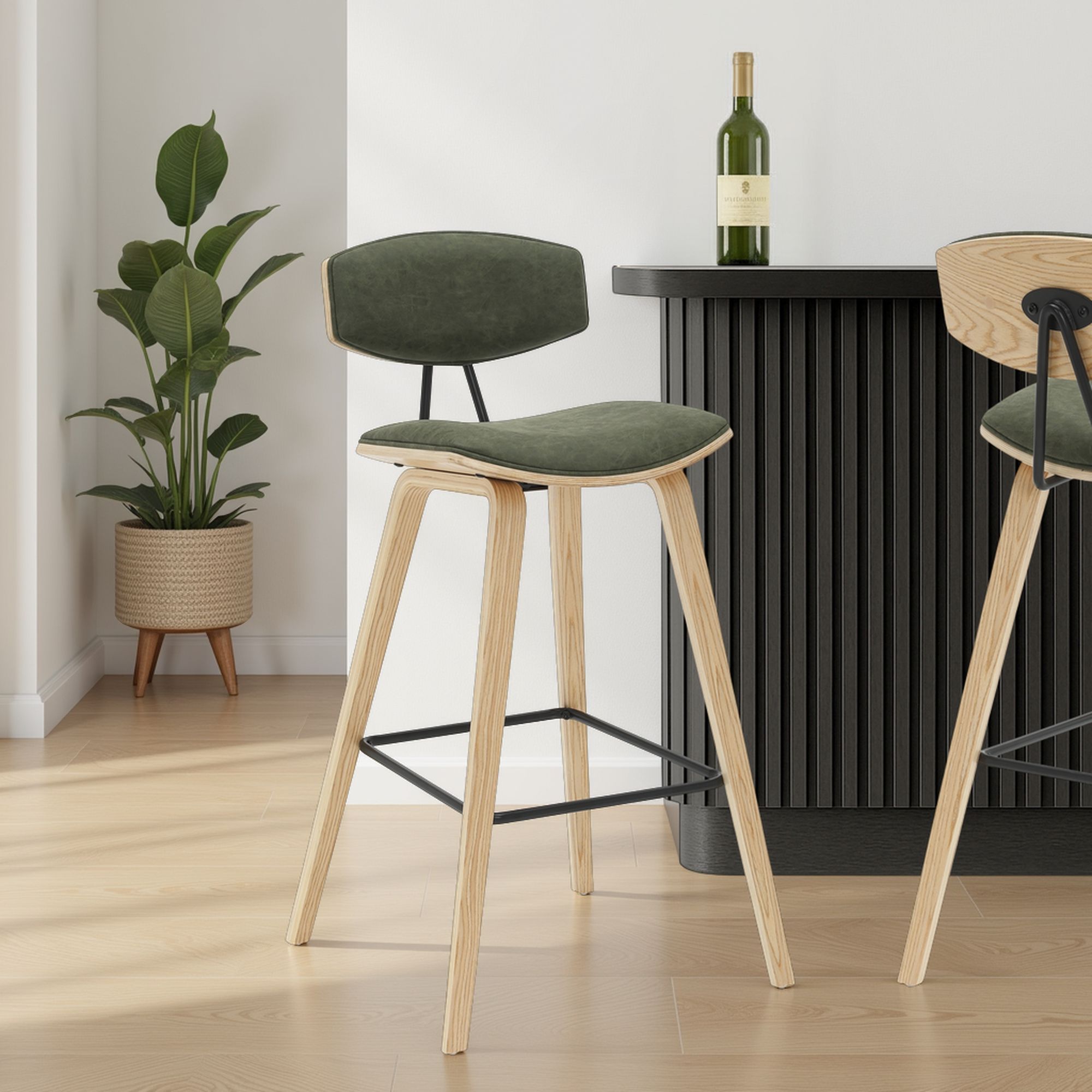 Fox - Bar Height Curved Back Wood Bar Stool With Faux Leather Seat