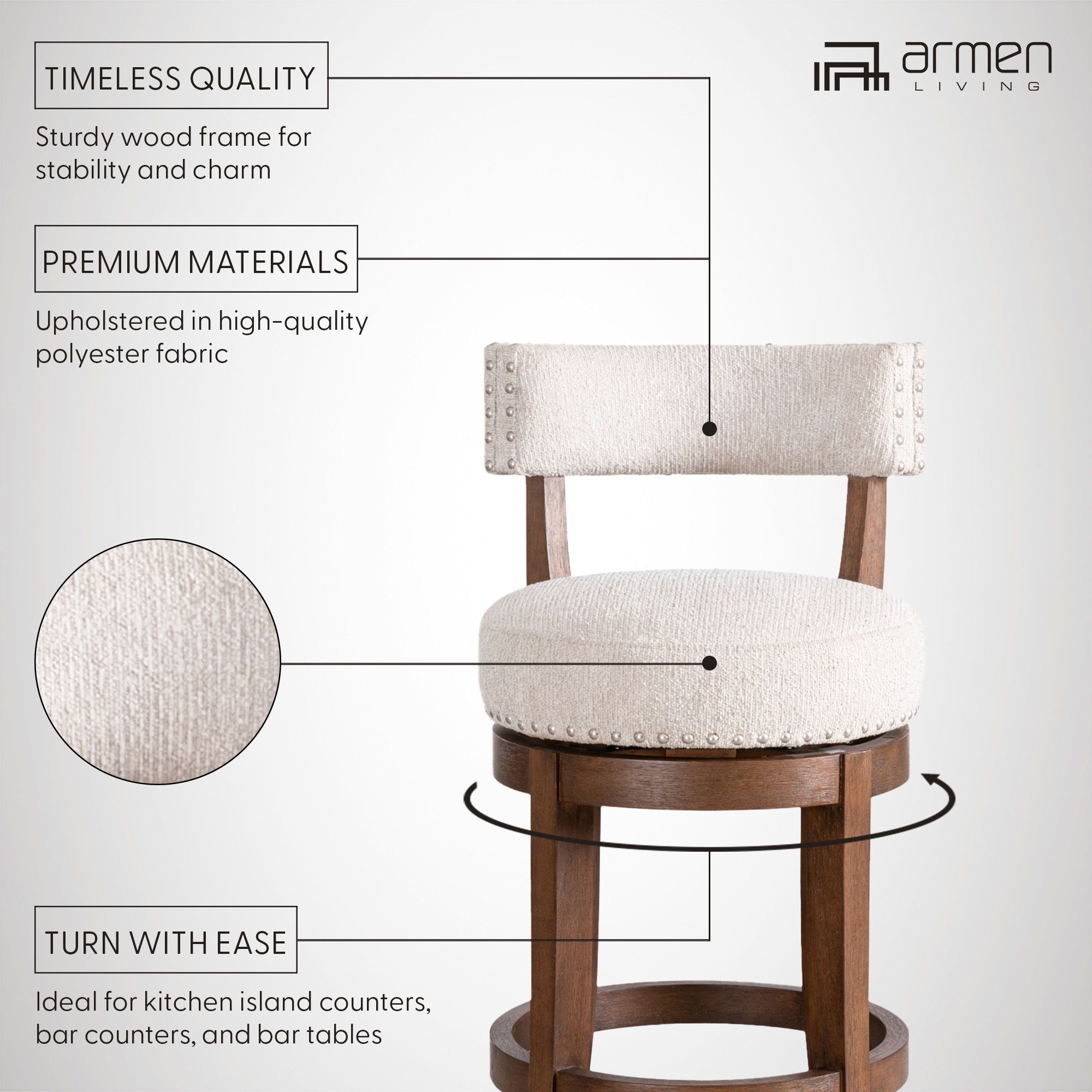 Mystic - Solid Wood Upholstered 26" Counter Height Swivel Barstool