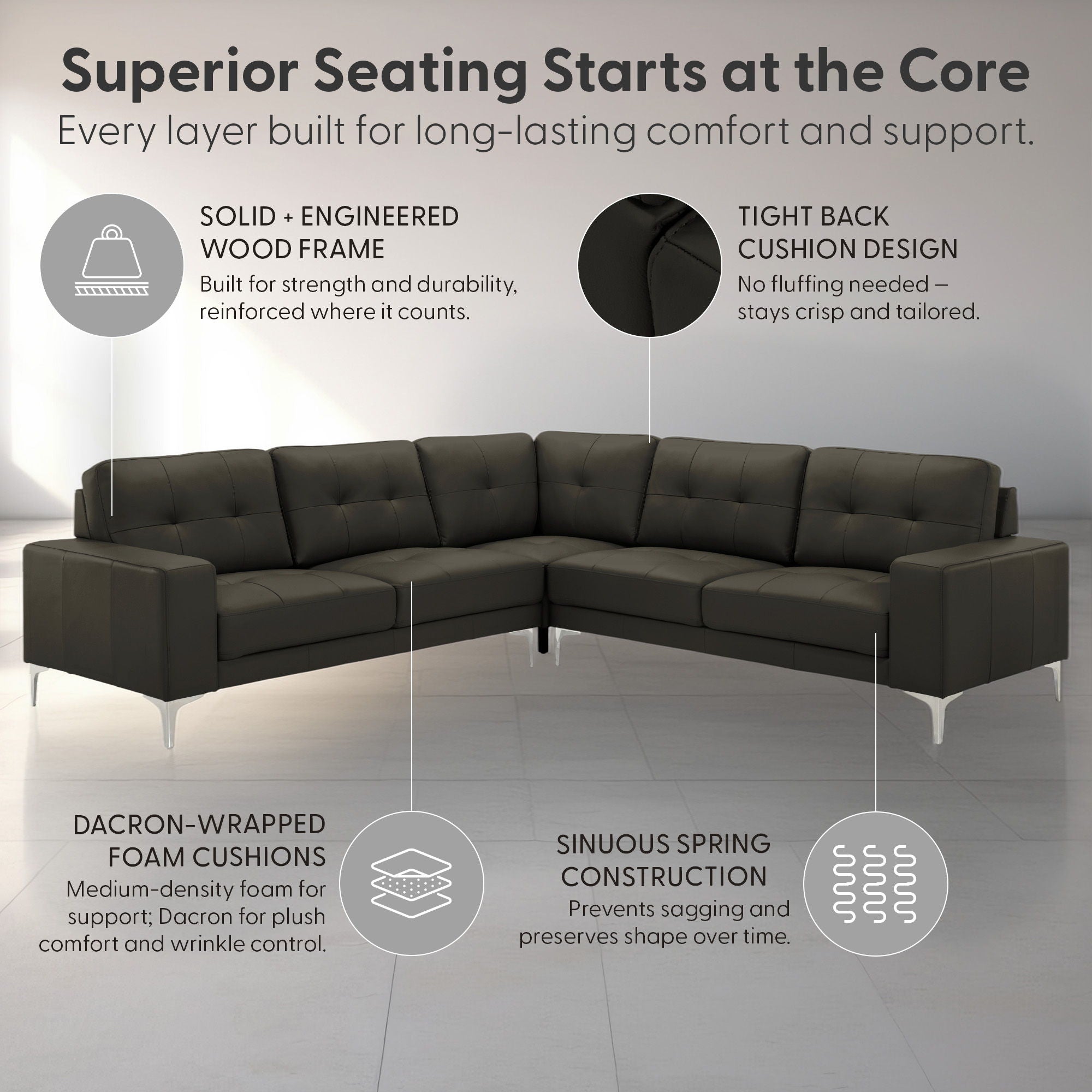 Pimentel - Leather Sectional Sofa With Tufted Back And Track Arms