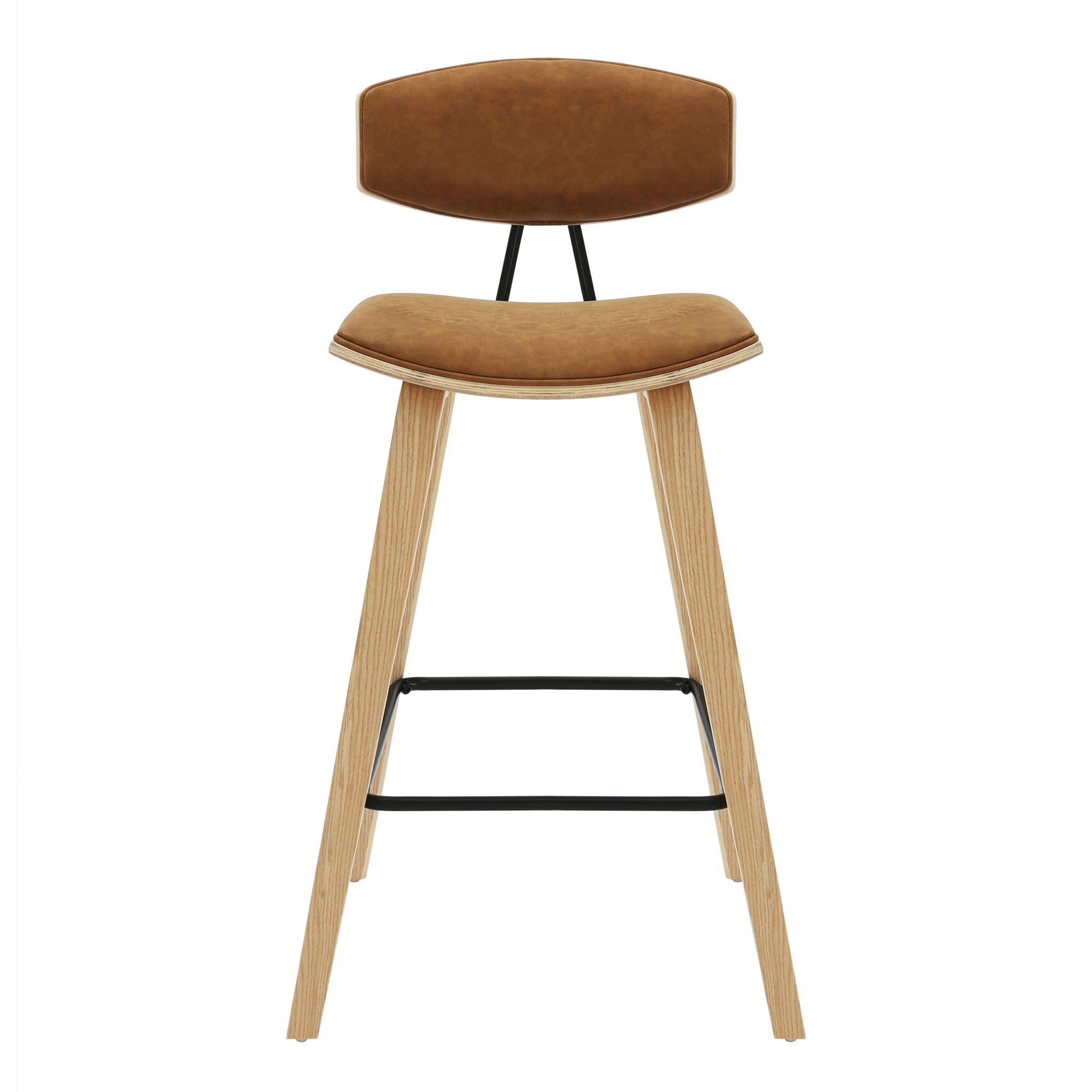 Fox - Counter Height Curved Back Wood Bar Stool With Faux Leather Seat