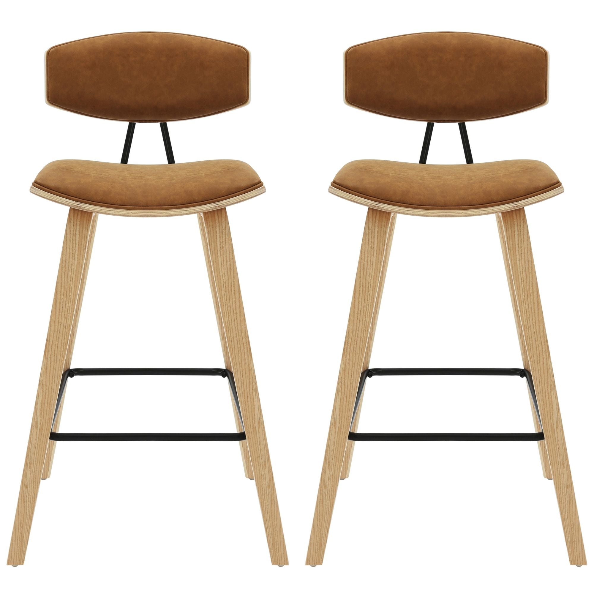 Fox - Counter Height Curved Back Wood Bar Stool With Faux Leather Seat