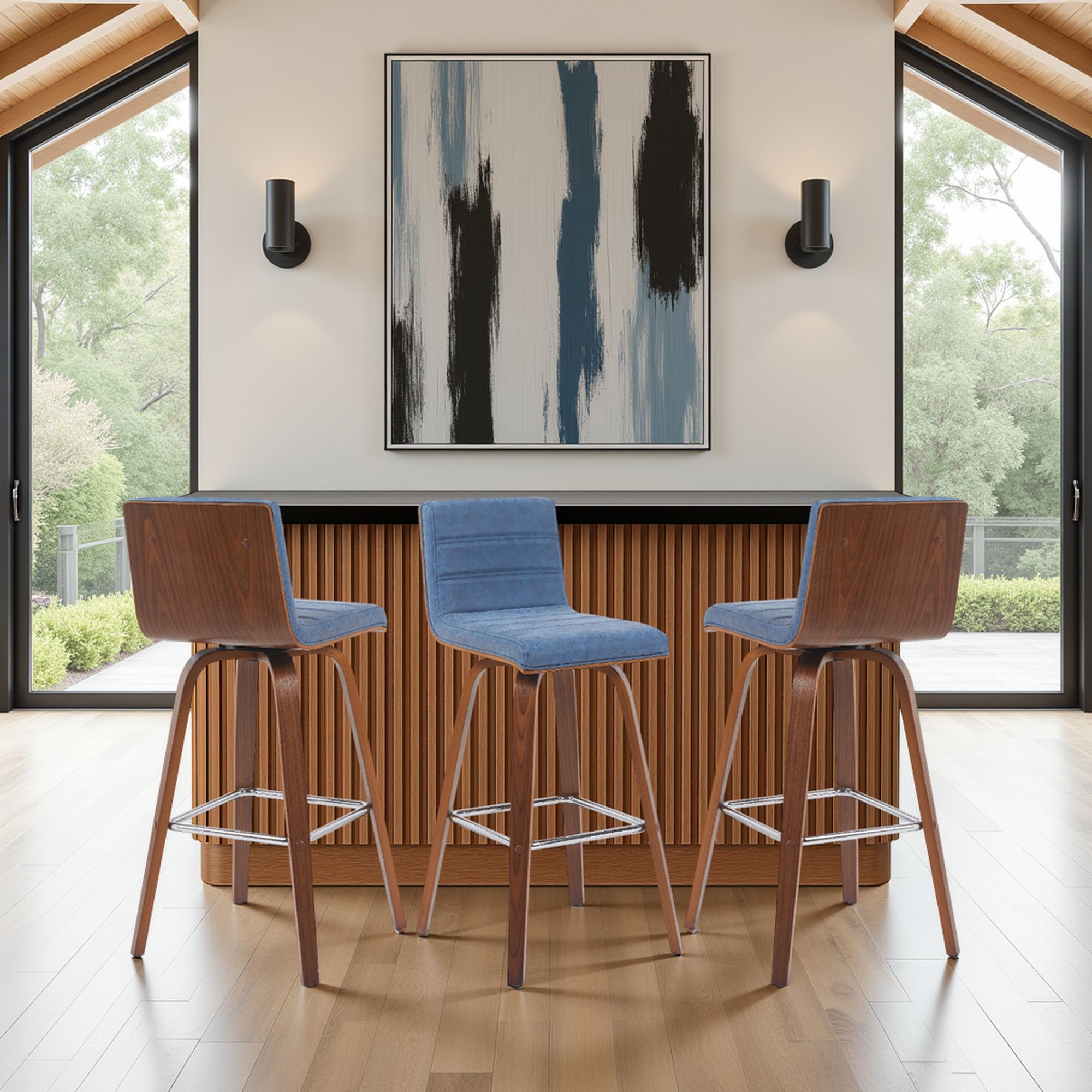 Vienna - Modern Swivel Bar Height Stool - Walnut Finished Wood Frame