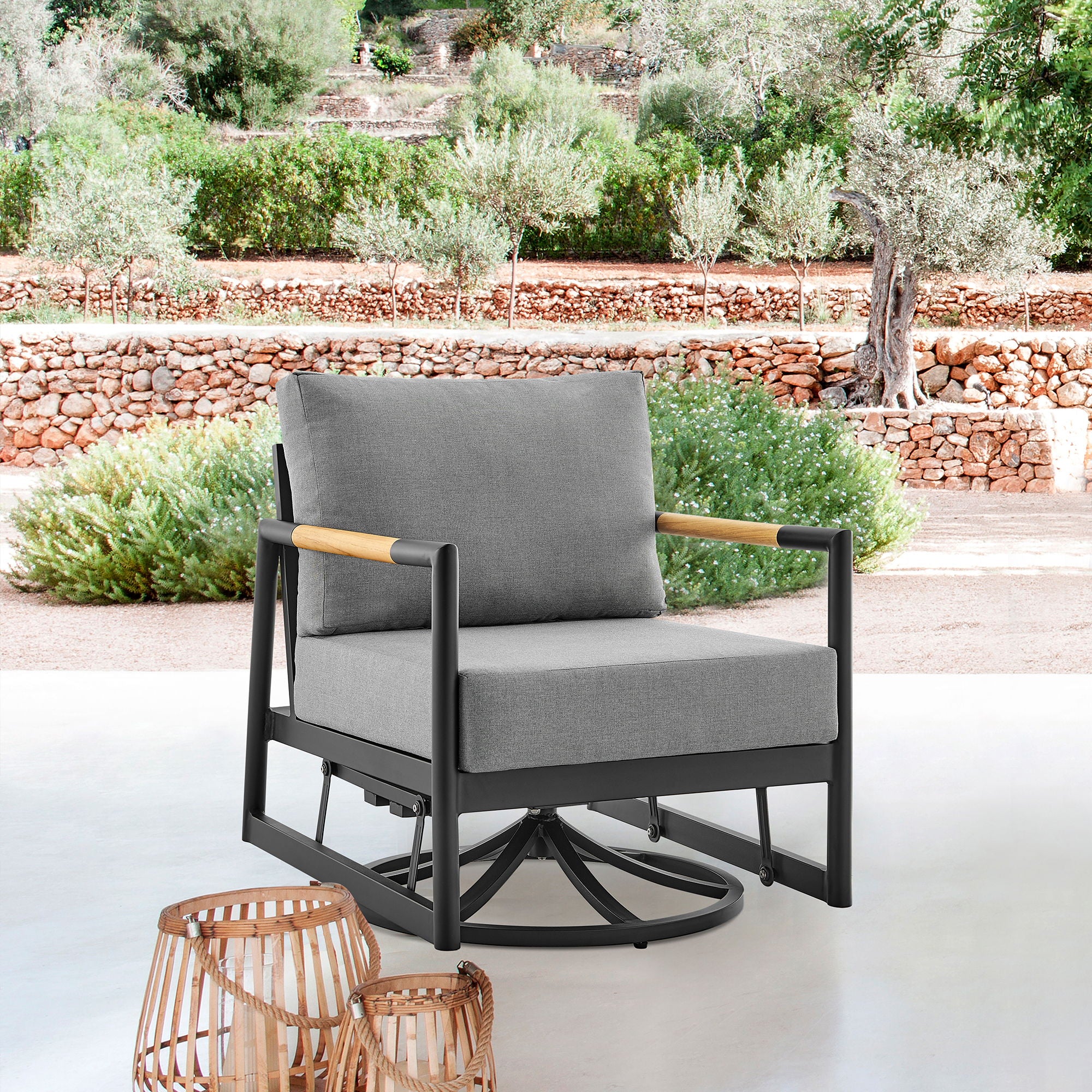 Royal - Outdoor Patio Swivel Glider Lounge Chair - Black Aluminum And Teak Wood With Cushions