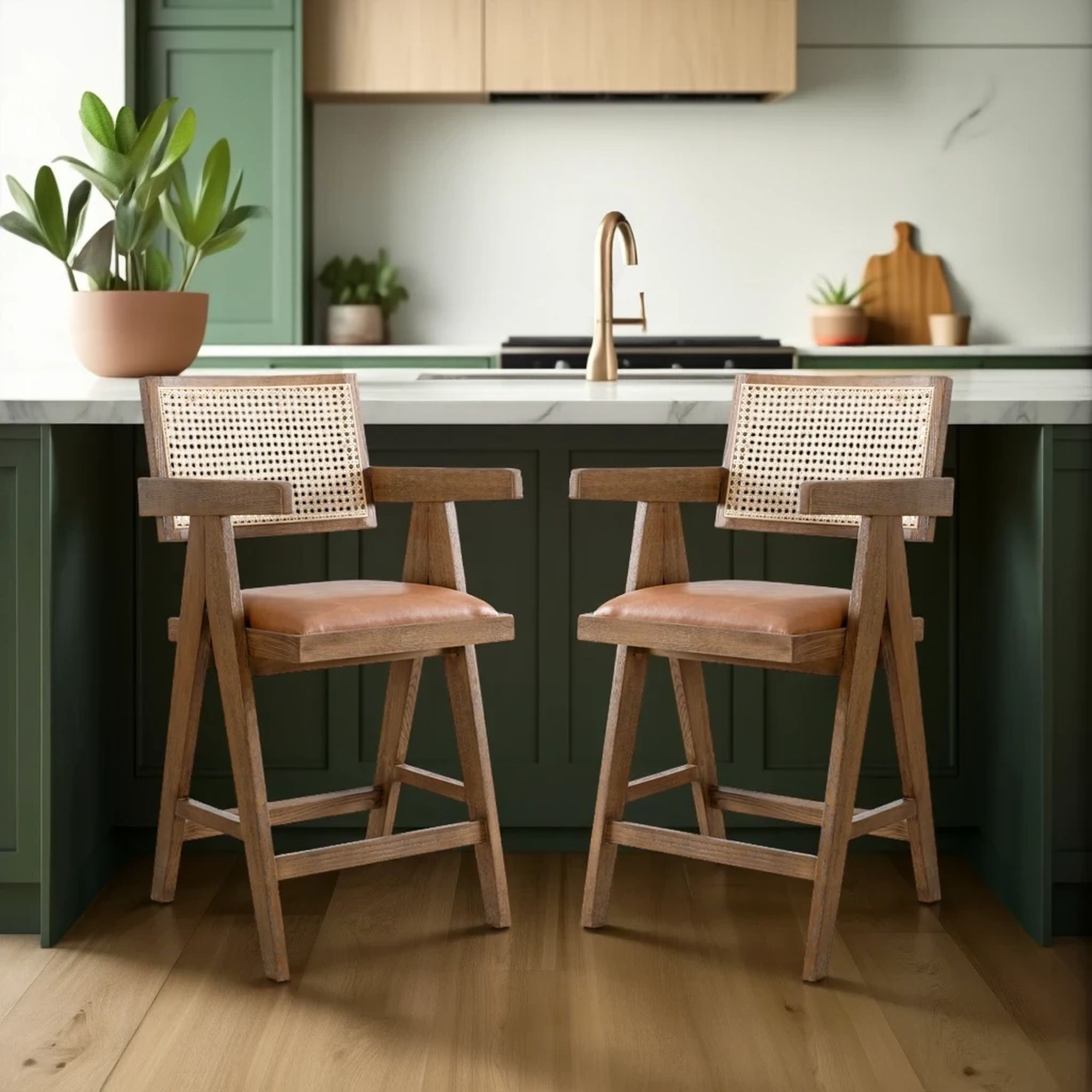 Harley - Nutmeg Brown Solid Wood And Rattan Upholstered 26" Counter Height Barstool