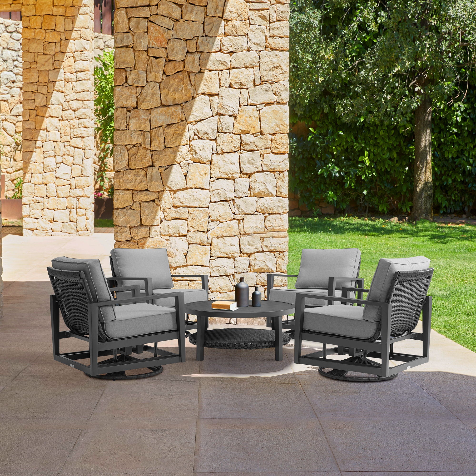 Grand - Aluminum Outdoor Swivel Glider Chair With Cushions - Black / Dark Gray