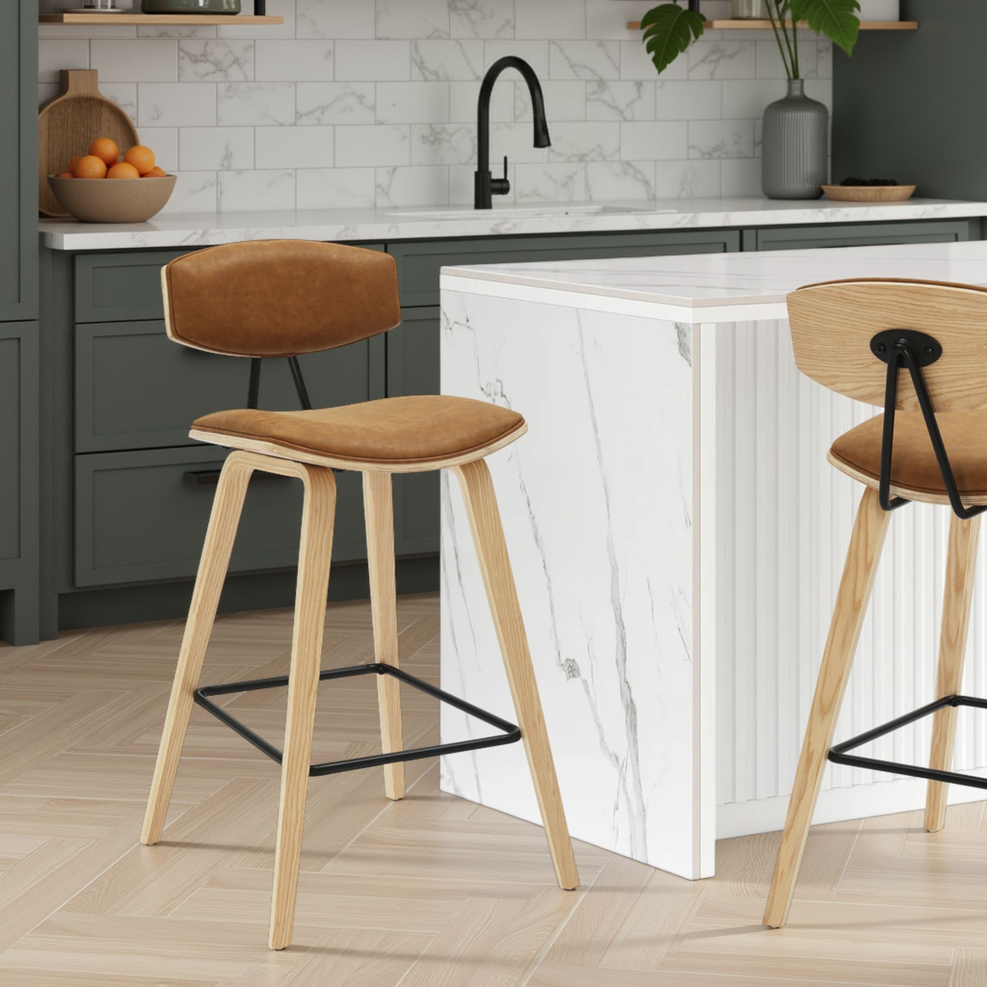 Fox - Counter Height Curved Back Wood Bar Stool With Faux Leather Seat
