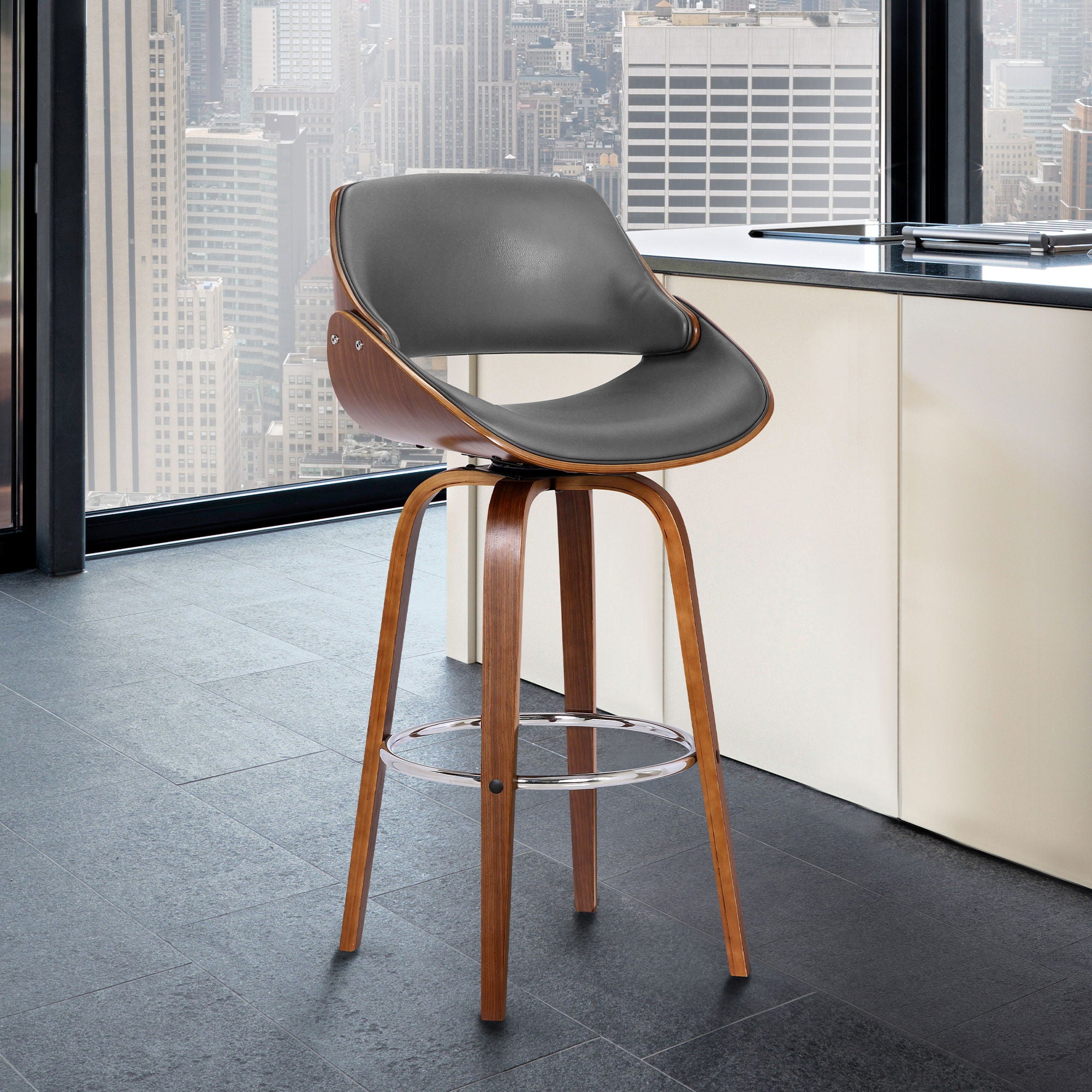 Mona - 26" Counter Height Swivel Bar Stool - Gray / Walnut