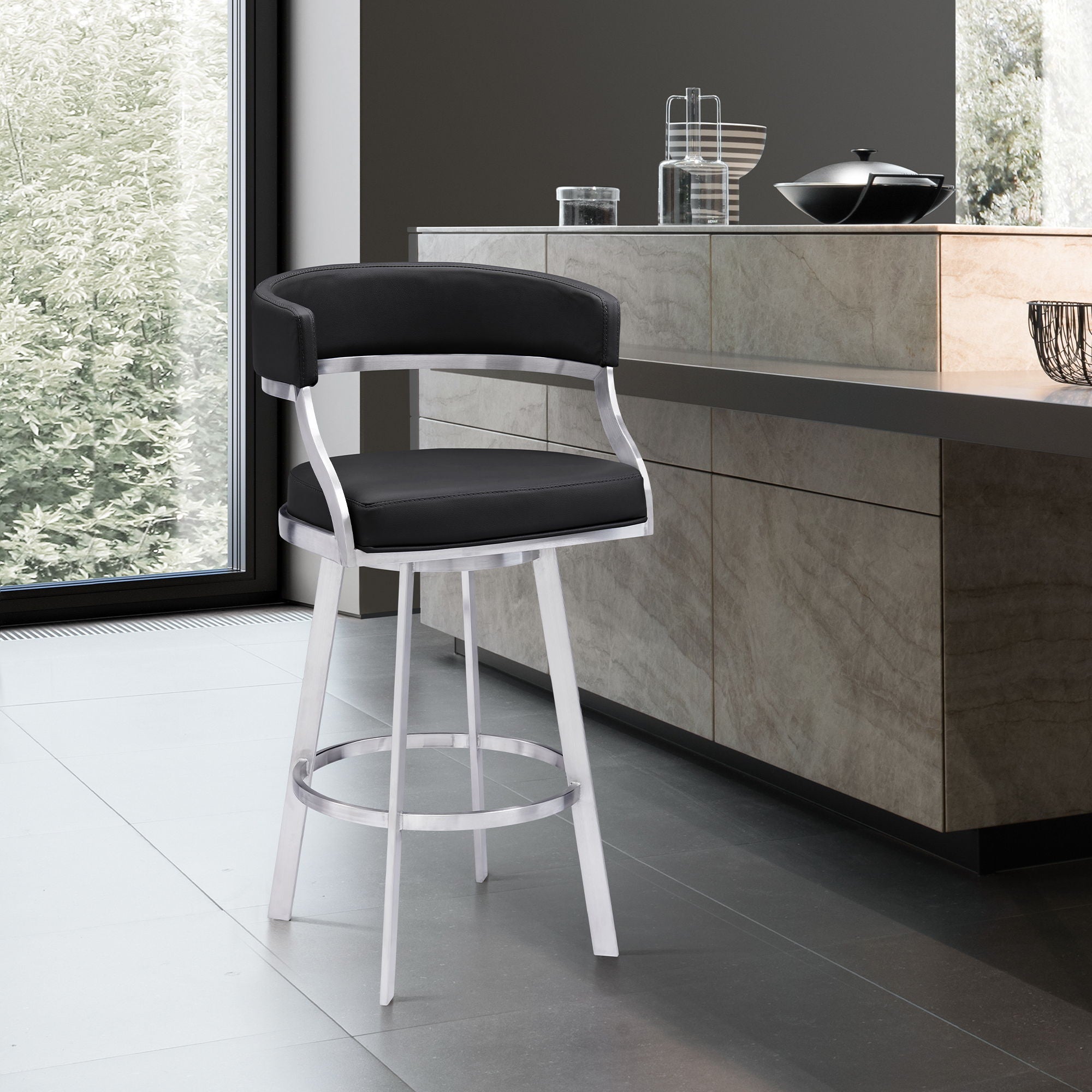 Dione - Swivel Faux Leather And Brushed Stainless Steel Bar Stool