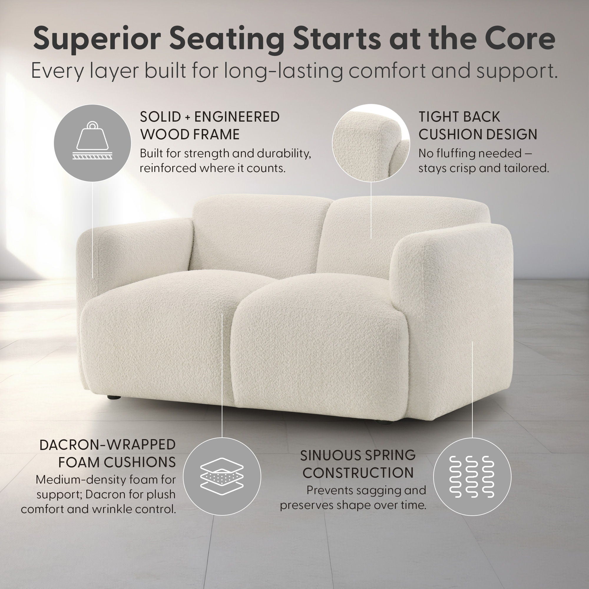 Sierra - Boucle Fabric Loveseat With Rounded Arms - Ivory