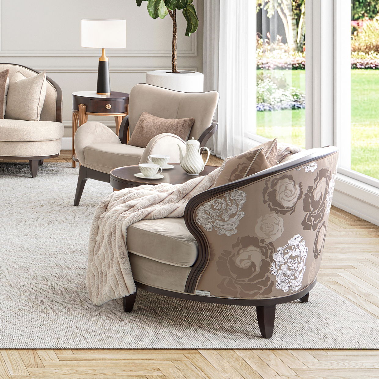 Camellia Field - Velvet Accent Chair - Beige / Dark Brown