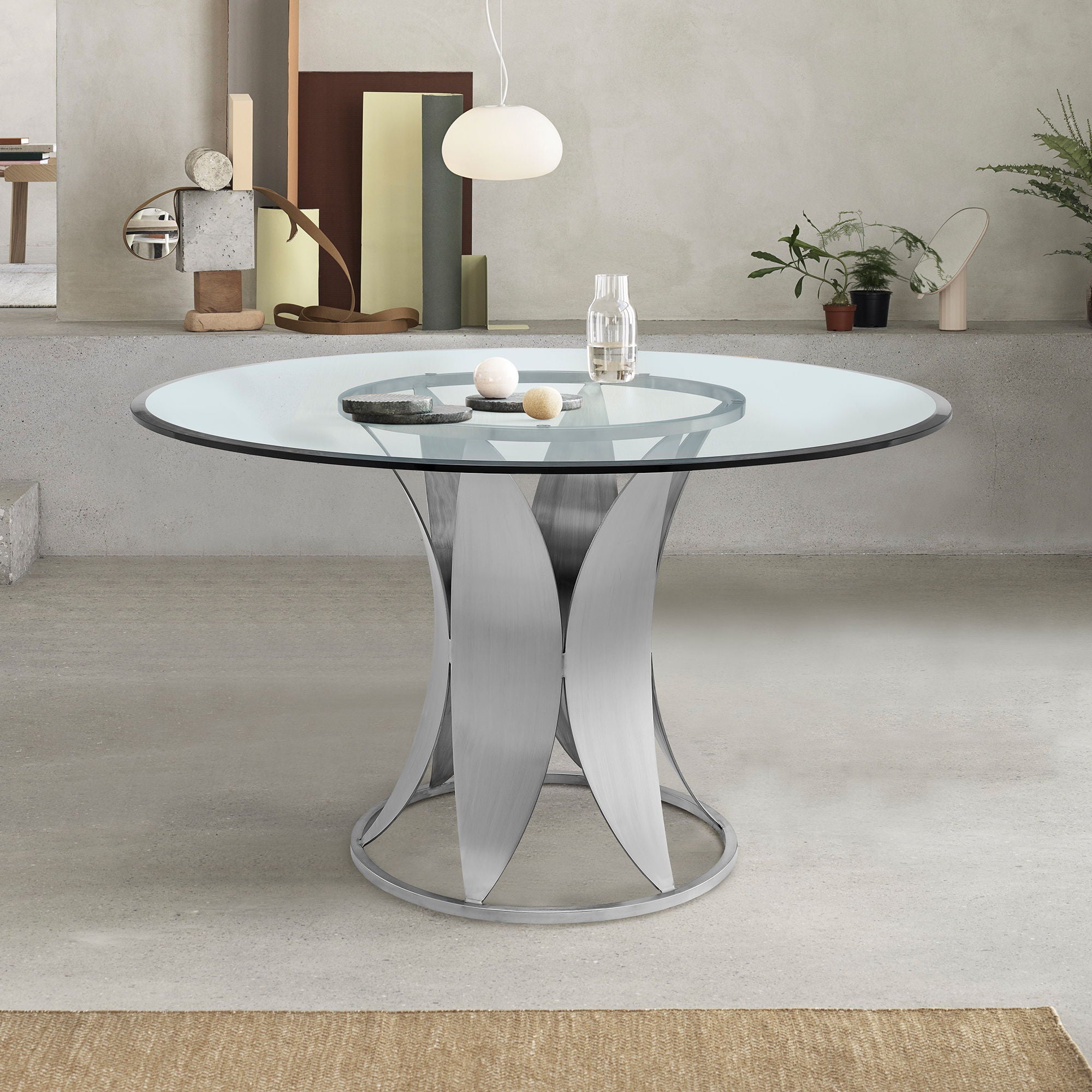 Petal - Modern Glass Round Pedestal Dining Table - Brushed Stainless Steel