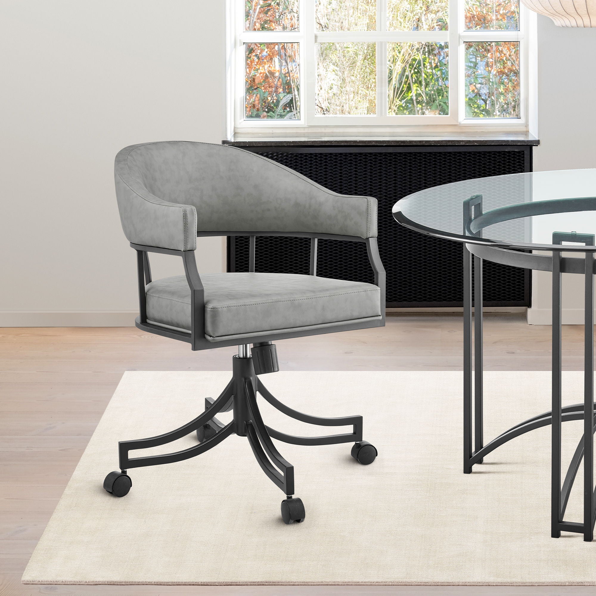 Tibet - Swivel Rolling Dining Chair - Matte Black / Vintage Gray