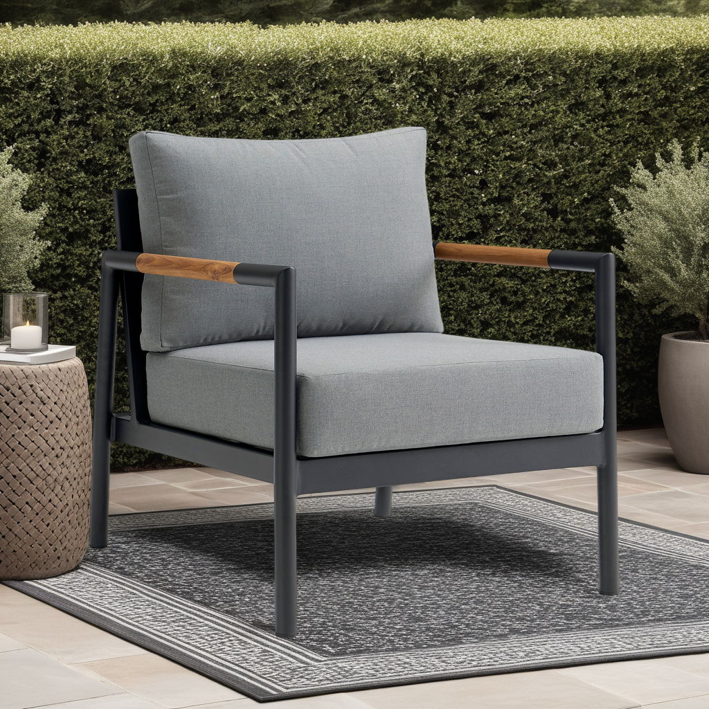 Crown - Aluminum And Teak Wood Outdoor Chair - Black / Dark Gray