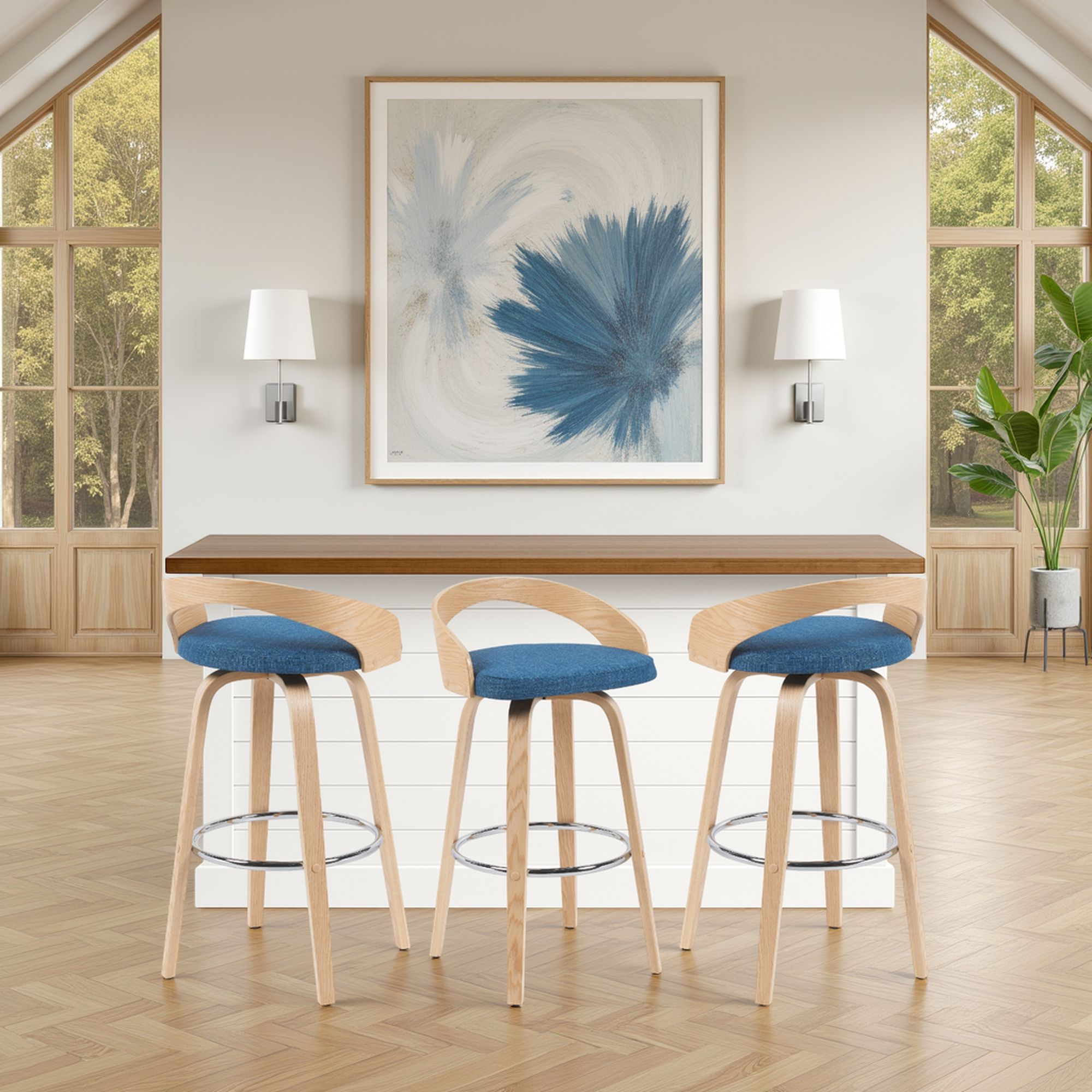 Sonia - Modern Swivel Bar Height Stool - Patterned Oak Wood Finish