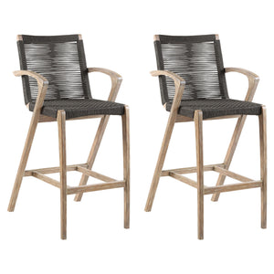 Brielle - Outdoor Light Eucalyptus Wood And Charcoal Rope Bar Height Stool Set
