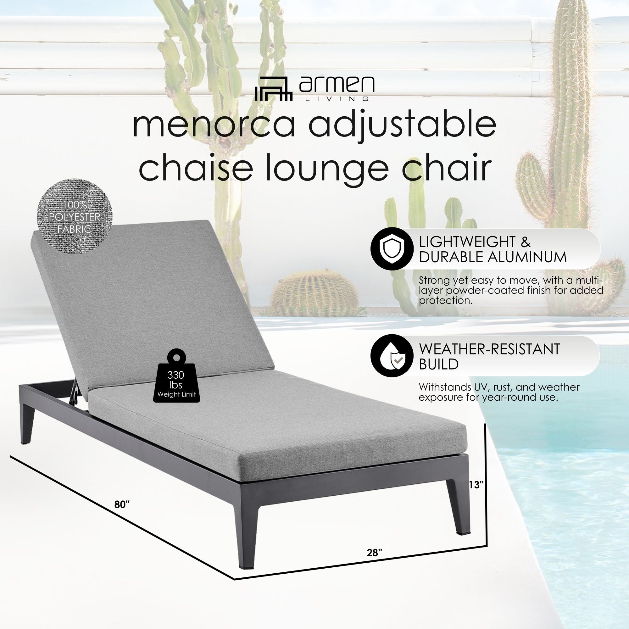 Menorca - Outdoor Patio Adjustable Chaise Lounge Chair - Gray