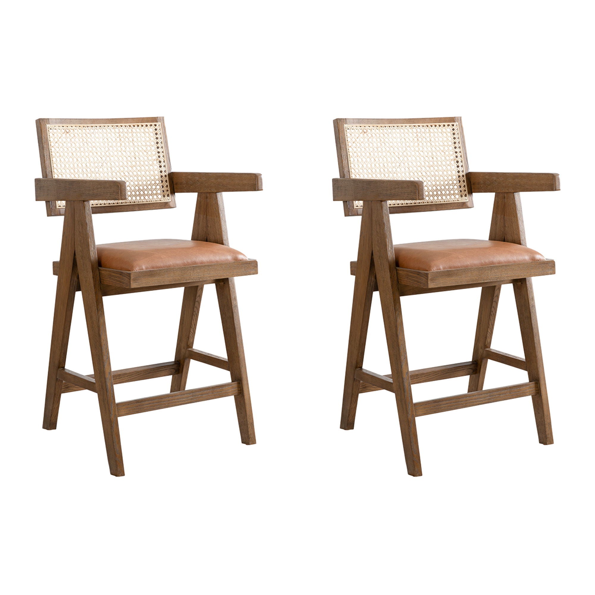 Harley - Nutmeg Brown Solid Wood And Rattan Upholstered 26" Counter Height Barstool