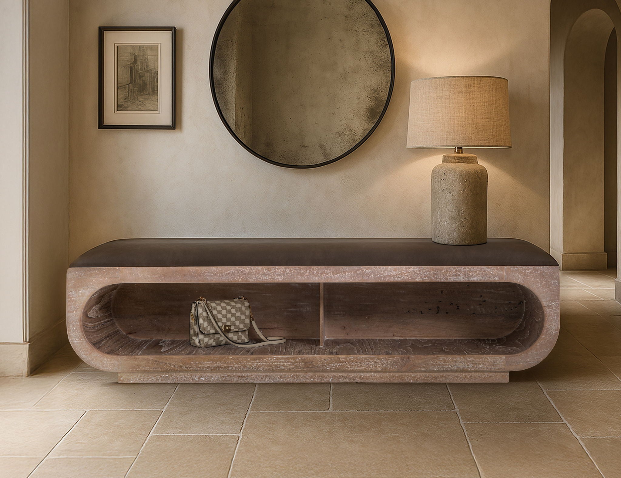Balam - Wooden Bench With Cushioned Seat - Ivory White