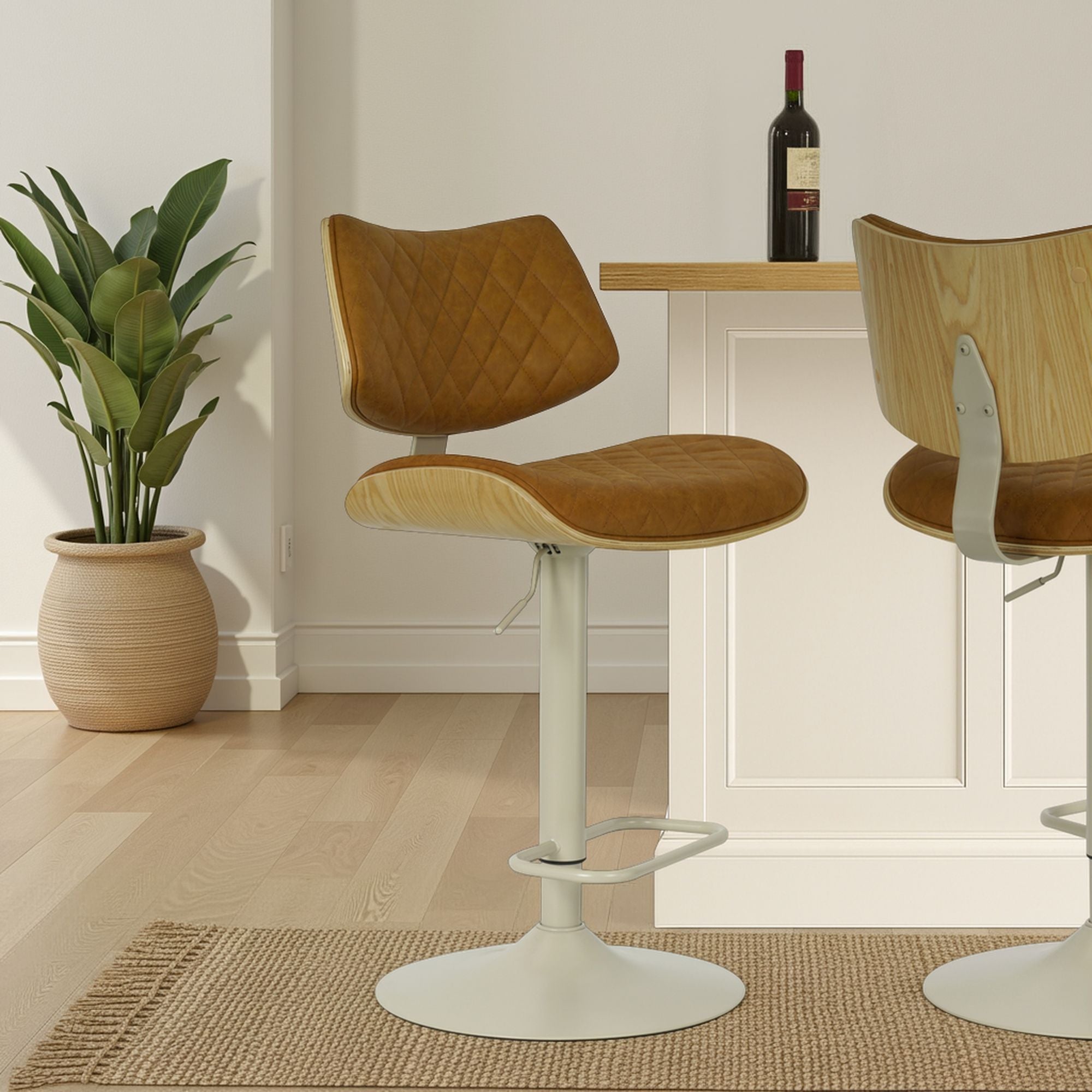 Leland - Adjustable Swivel Curved Back Wood Bar Stool With Faux Leather Seat