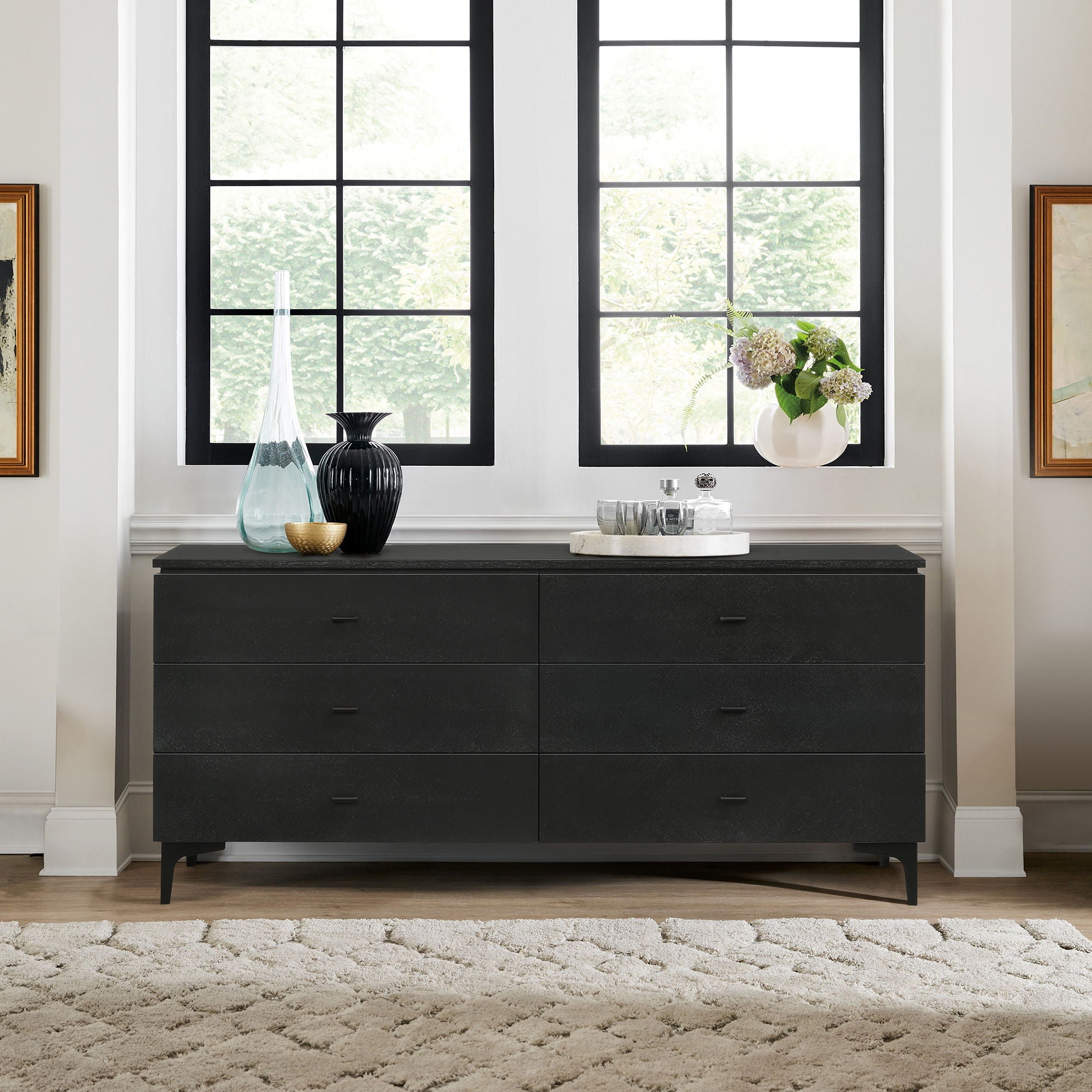 Legend - 6 Drawer Dresser With Metal Legs - Black Glaze Ash
