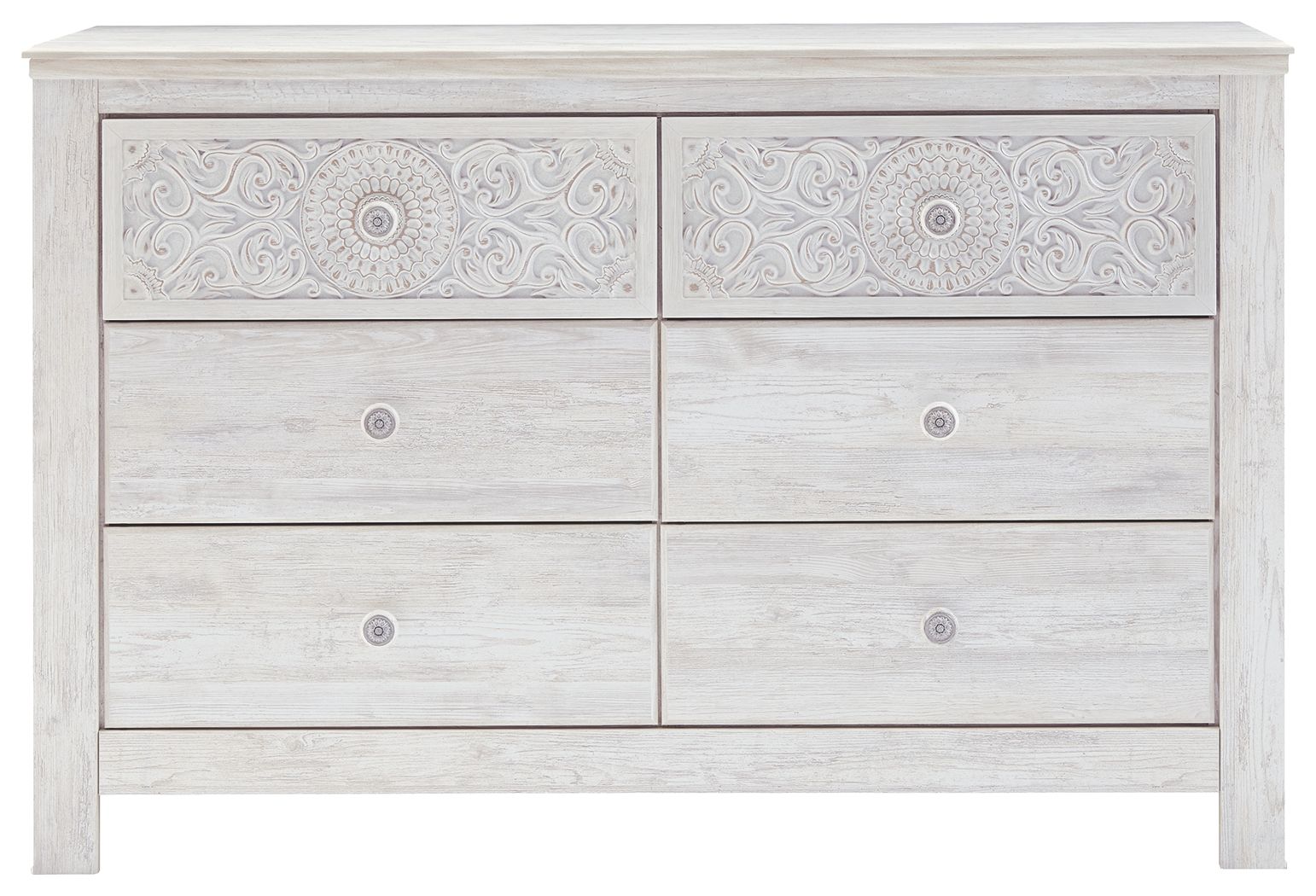 Paxberry - Six Drawer Dresser - Medallion Drawer Pulls - Whitewash