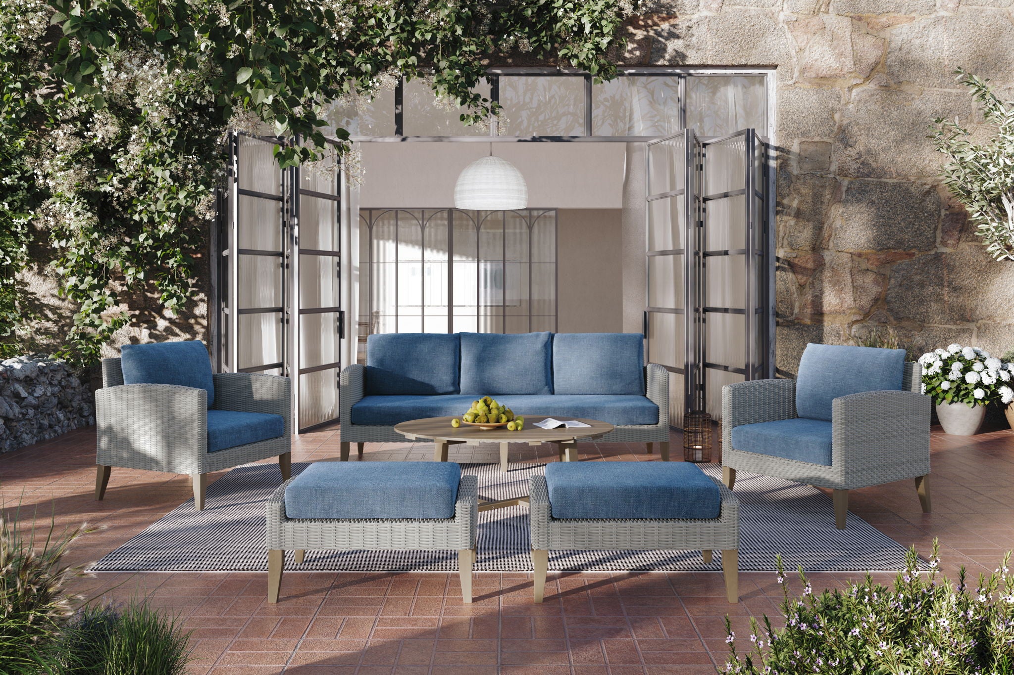 Carezza - 5 Piece Set (Sofa & 2 Club Chairs & 2 Stools) - Dark Blue