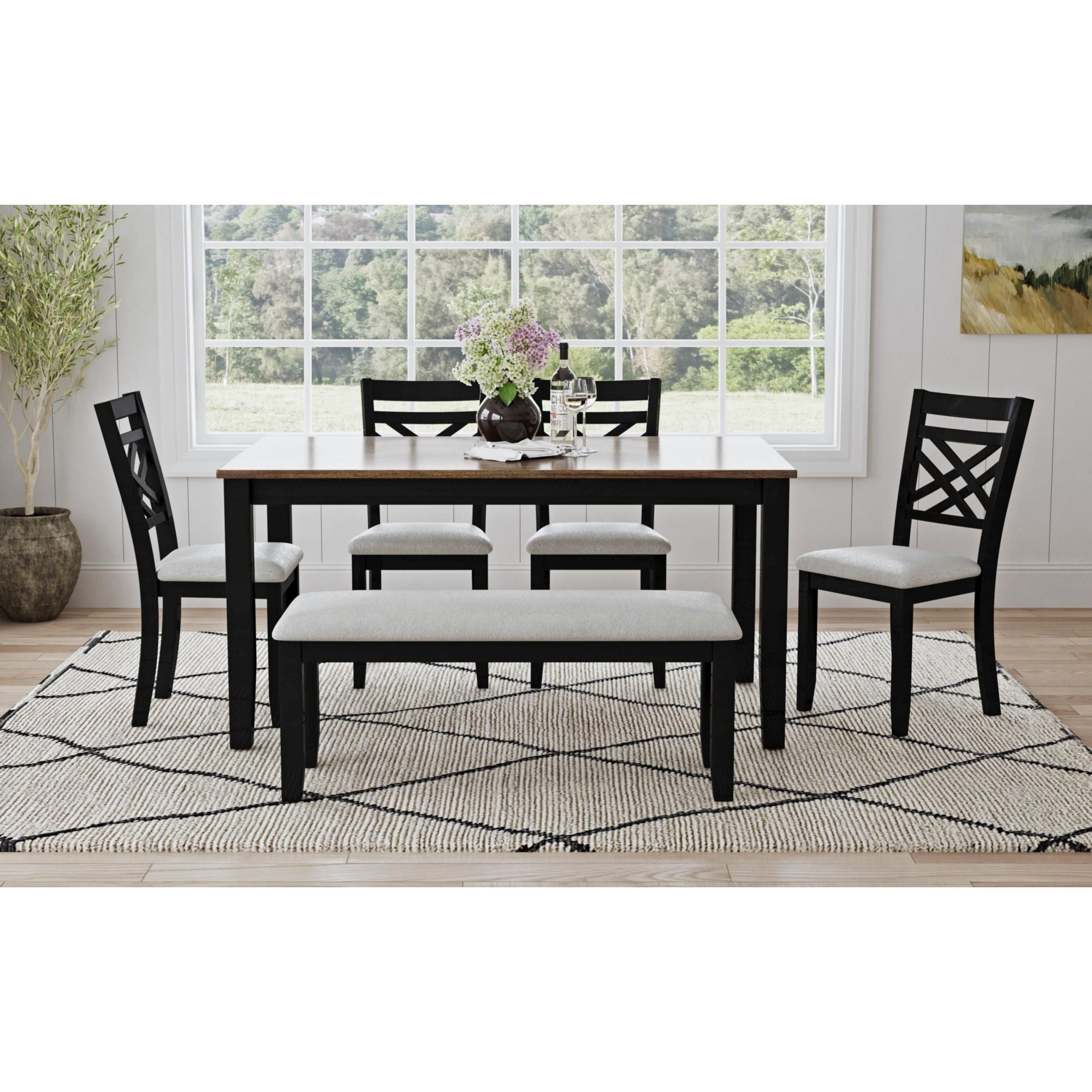 Brooks - 6 Piece Dining Set With Table, 4 Wood Back And Upholstered Seat Chairs, And Bench