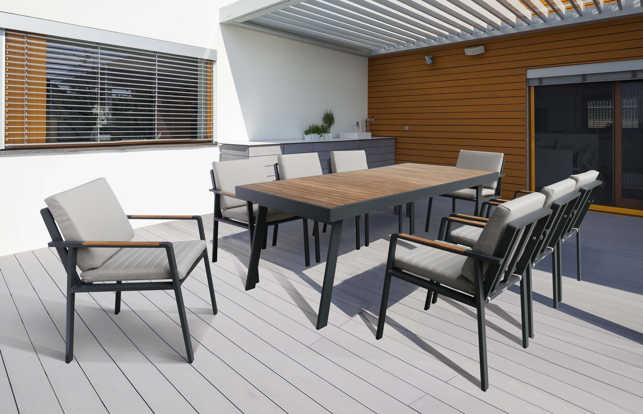 Nofi - Outdoor Patio Dining Chair With Cushions (Set of 2) - Charcoal / Taupe