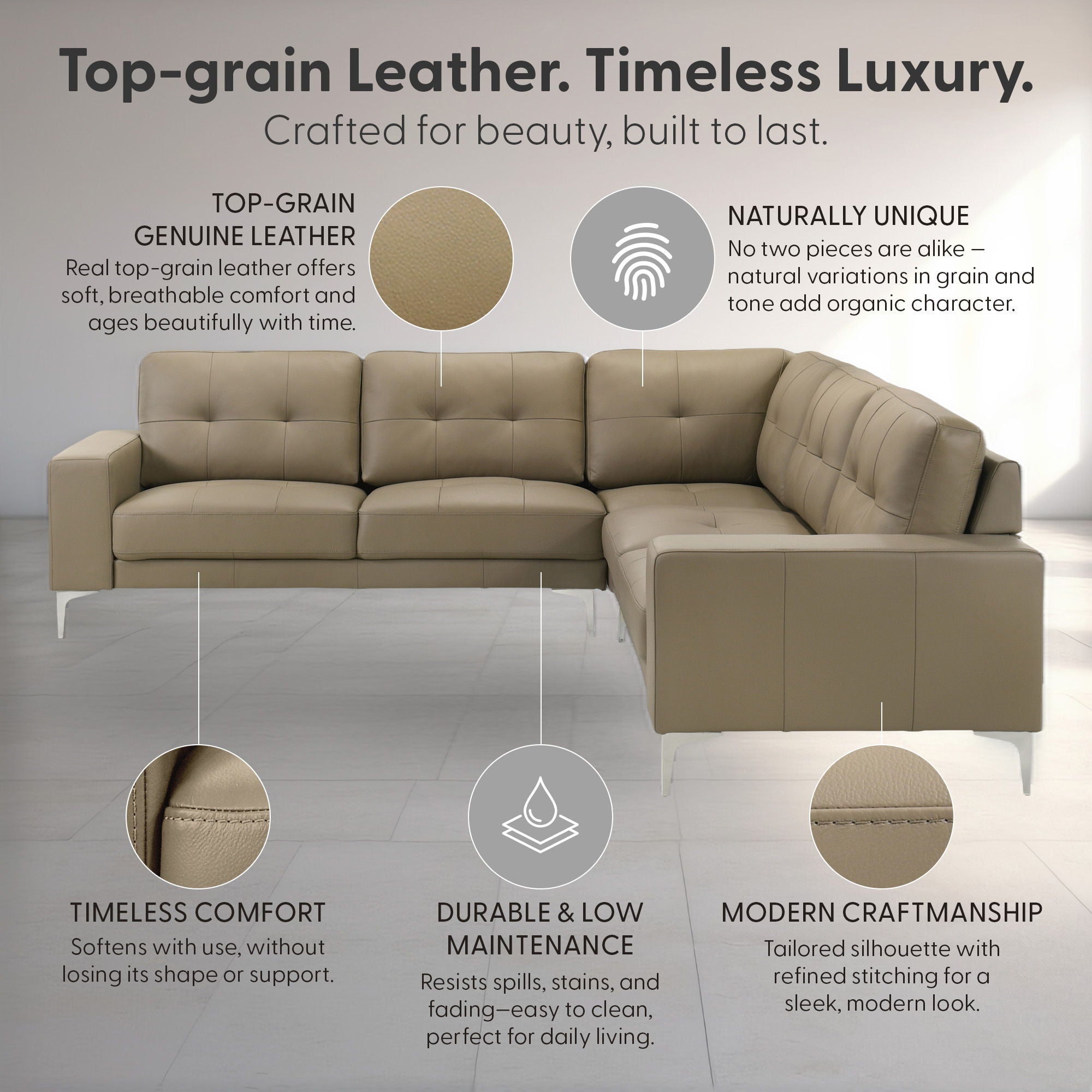 Pimentel - Leather Sectional Sofa With Tufted Back And Track Arms