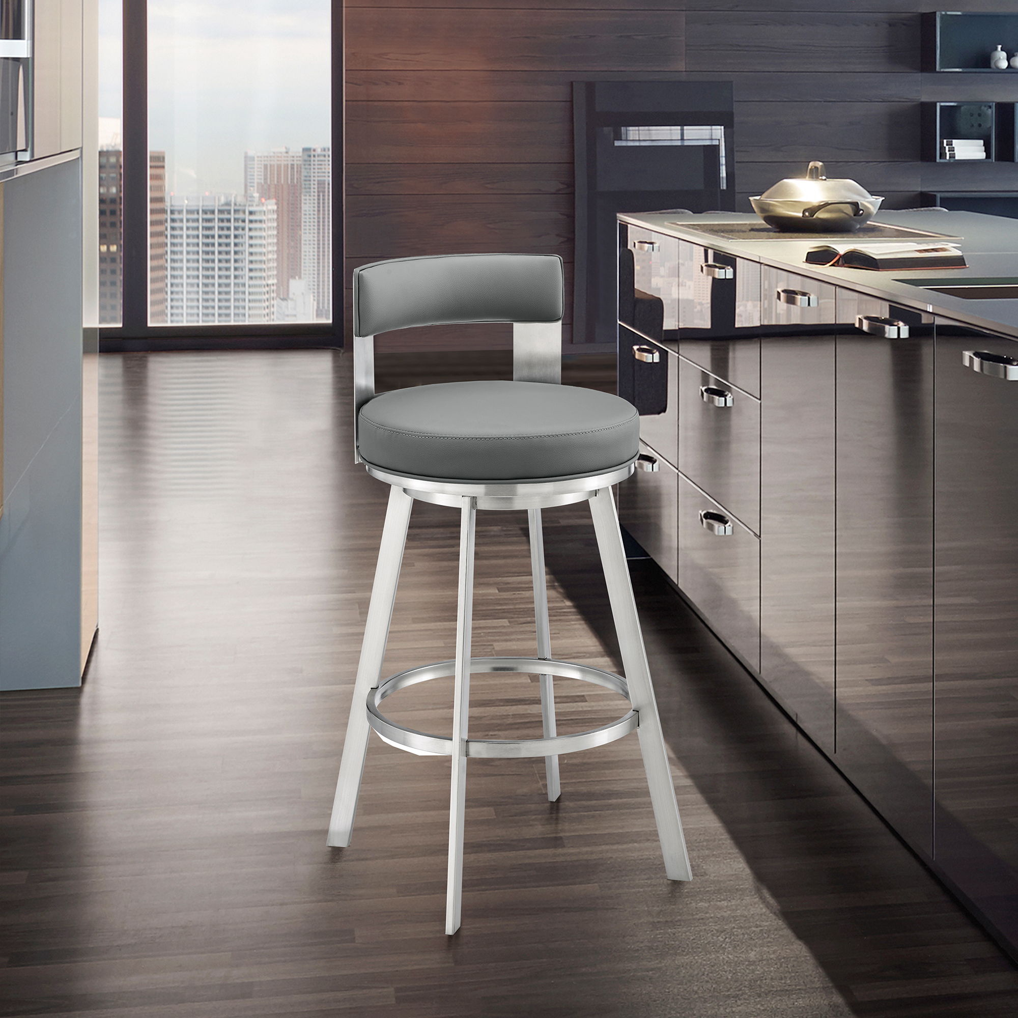 Lynof - Swivel Bar Stool - Brushed Stainless Steel Finish