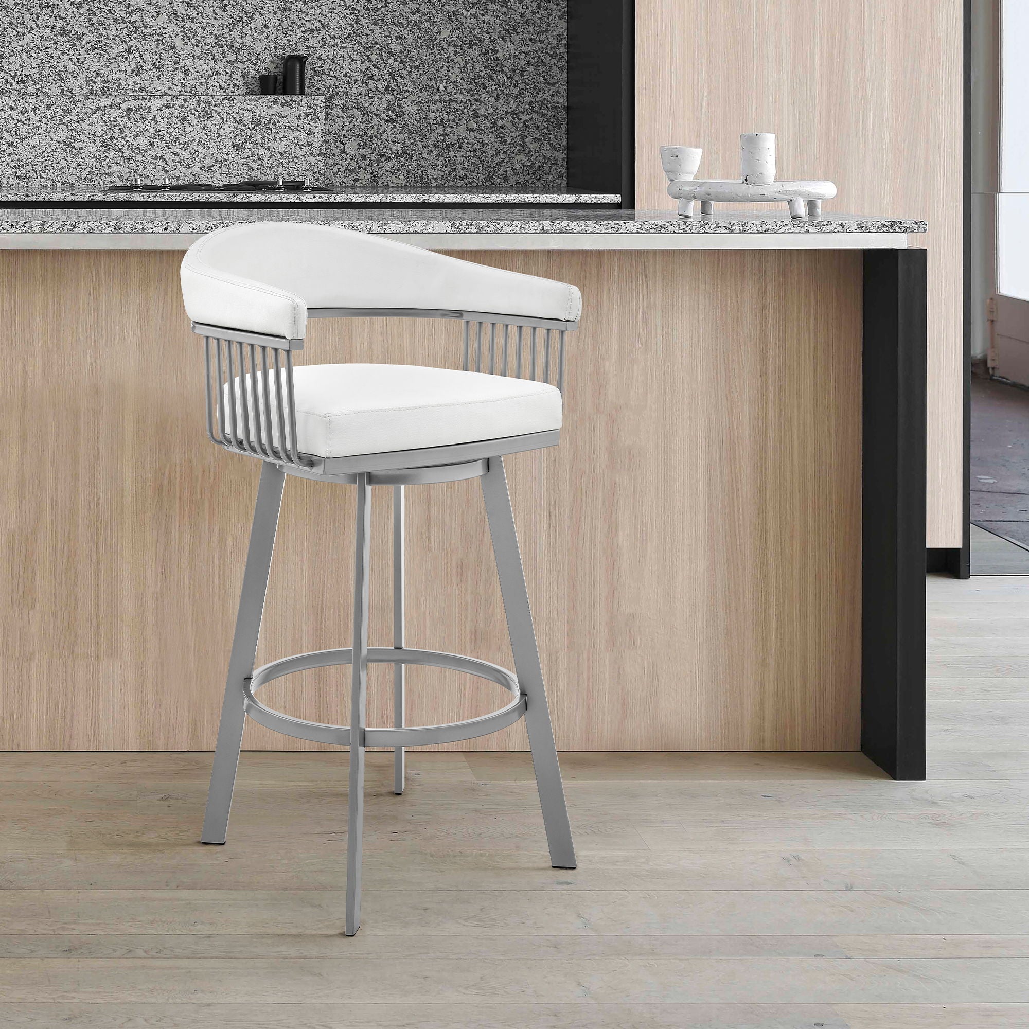 Bronson - 25" Counter Height Swivel Bar Stool - Silver Finish And White Faux Leather