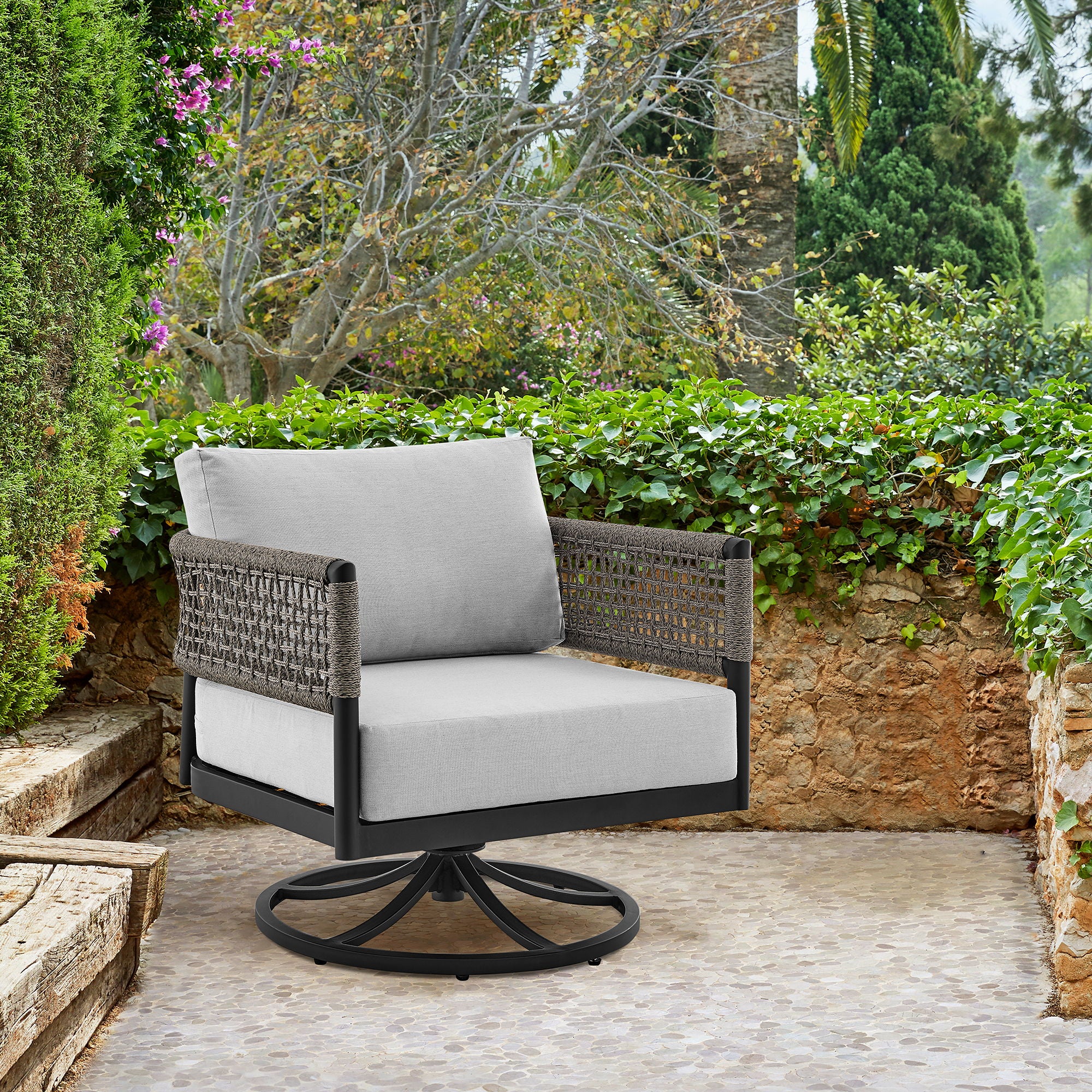 Felicia - Outdoor Patio Swivel Rocking Chair - Black Aluminum And Gray Rope With Cushions