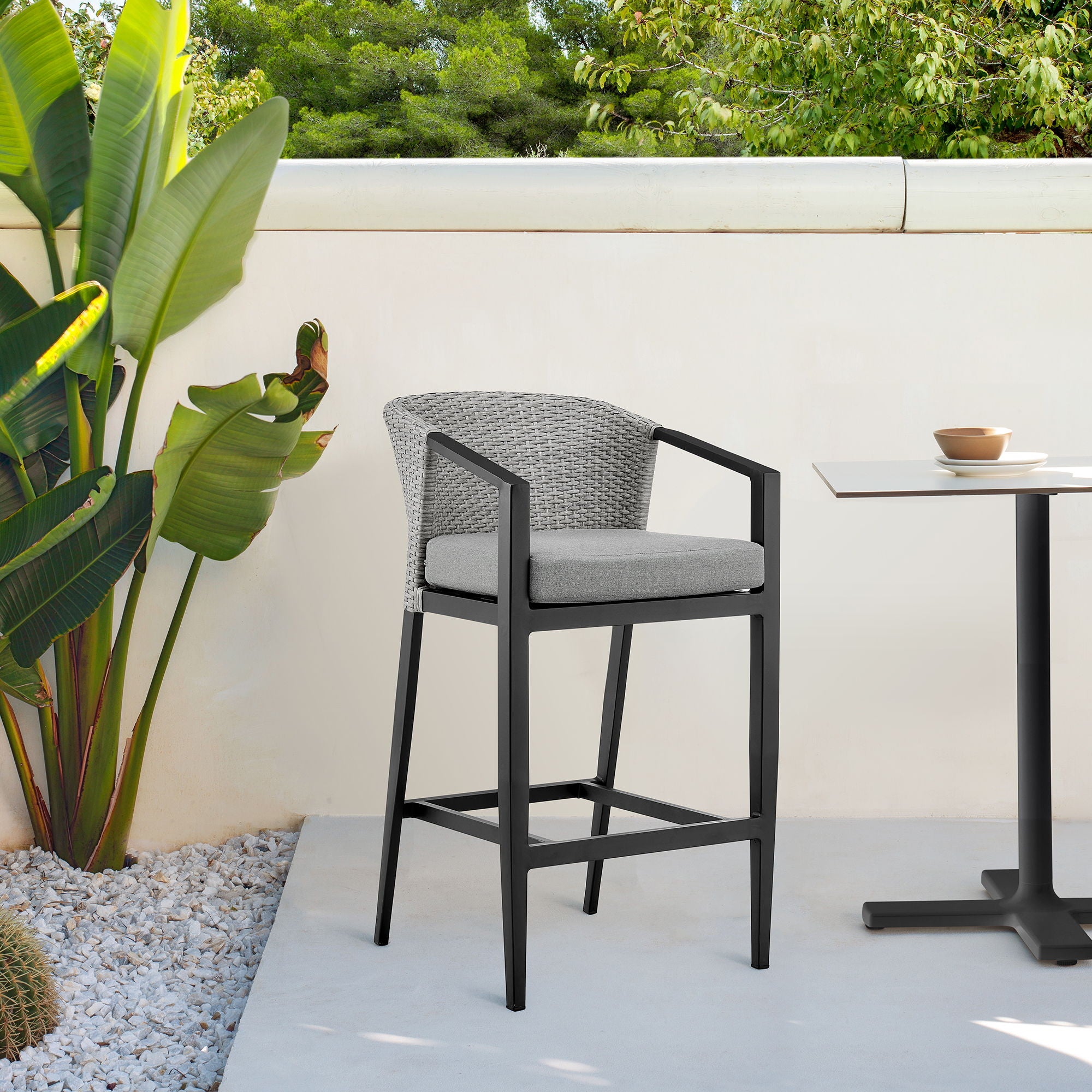 Palma - Outdoor Patio Bar Stool In Aluminum And Wicker With Gray Cushions