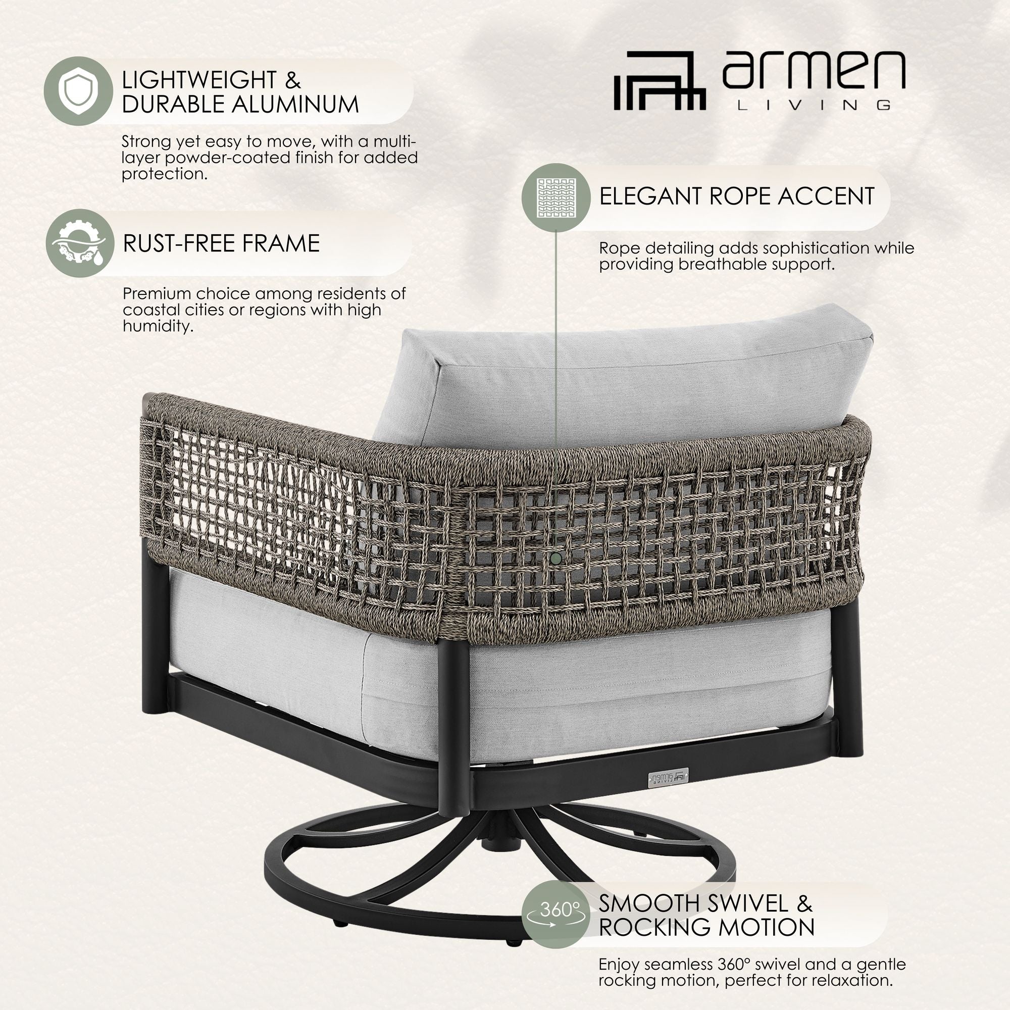 Alegria - Outdoor Patio Swivel Rocking Chair With Cushions - Black / Gray