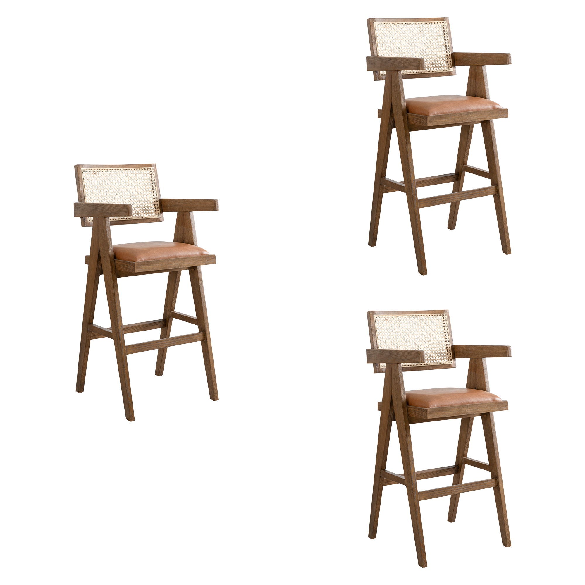 Harley - Nutmeg Brown Solid Wood And Rattan Upholstered 30" Bar Height Barstool