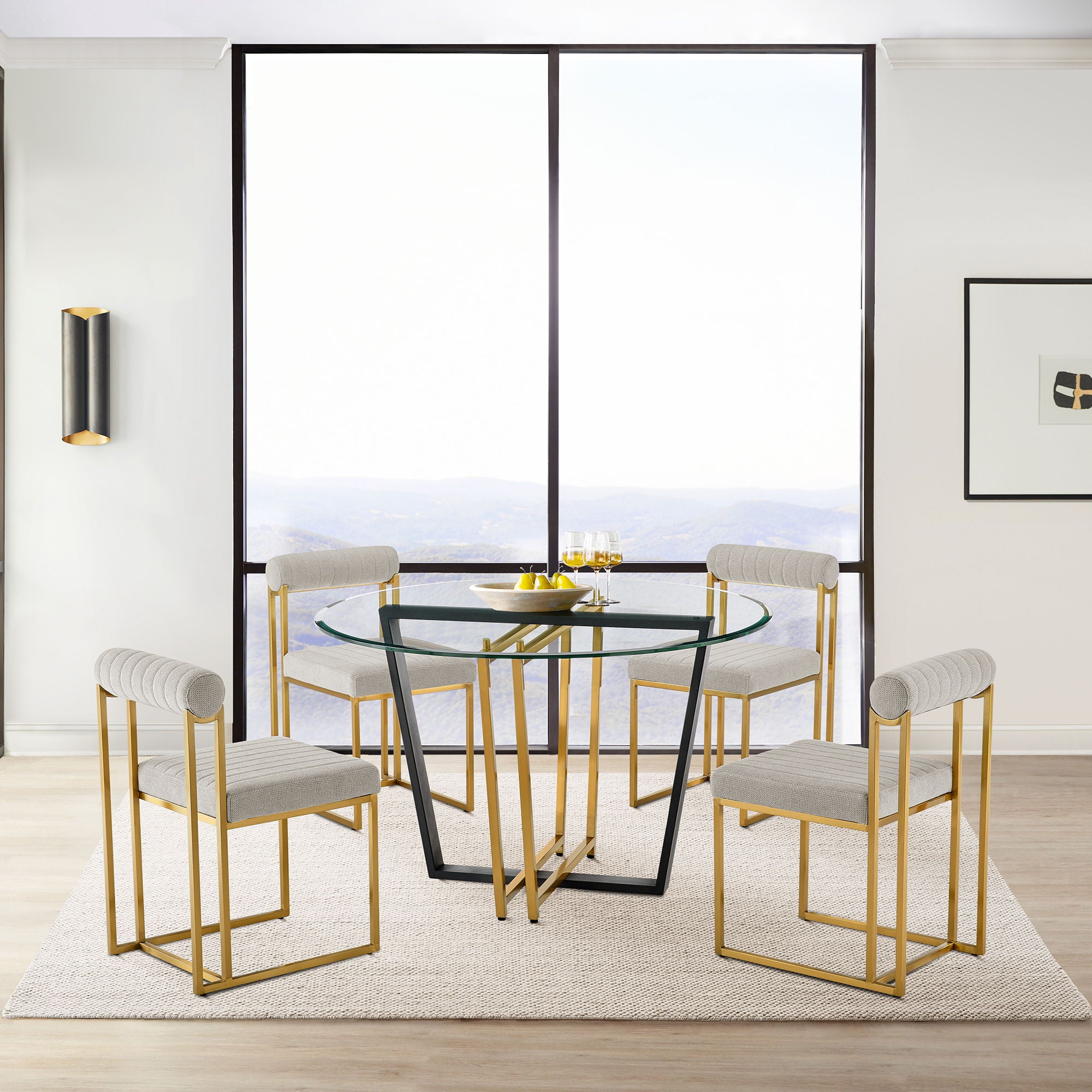 Devi Anastasia - 5 Piece Round Glass Dining Table Set - Gold Brushed / Taupe