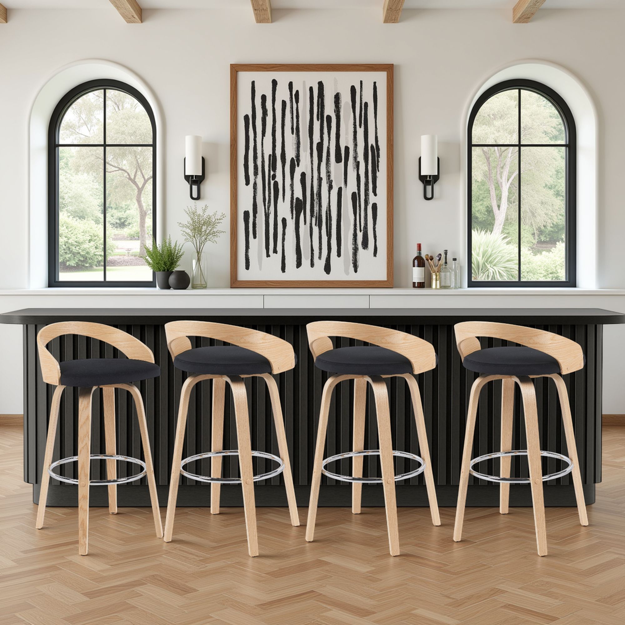 Sonia - Modern Swivel Bar Height Stool - Patterned Oak Wood Finish