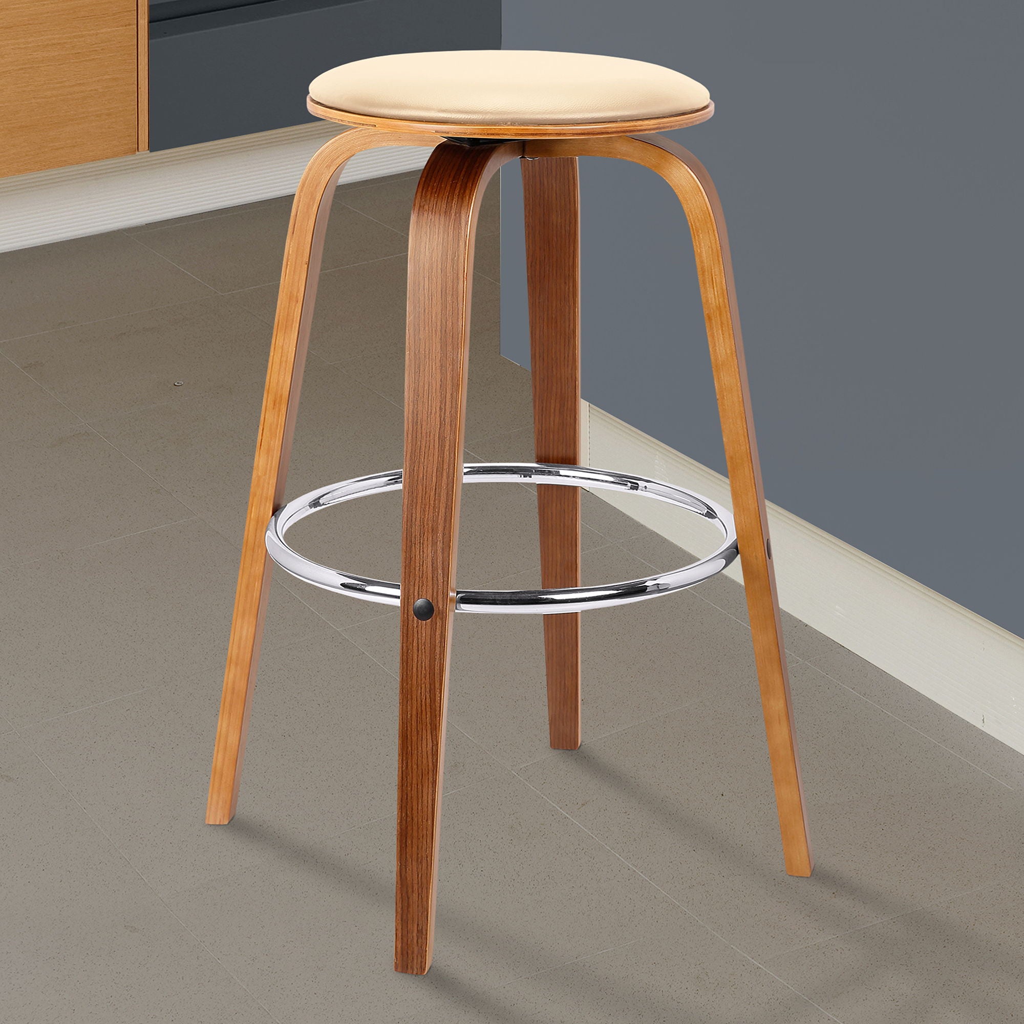 Harbor - 26" Counter Height Backless Swivel Mid-Century Modern Bar Stool - Cream / Walnut